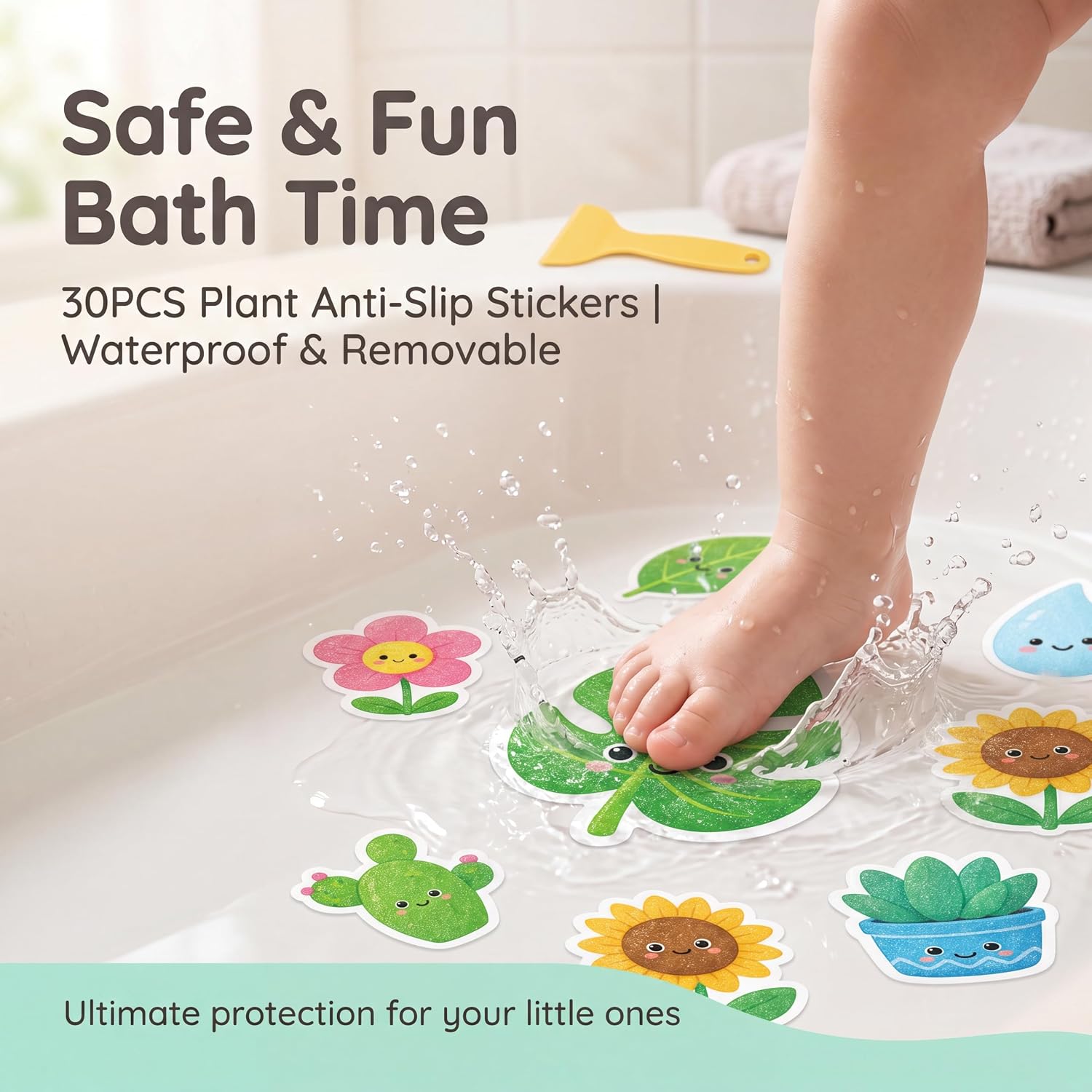 Non Slip Bathtub Stickers, 30 Pieces Plants Anti Slip Bath Tub Treads, EVA Waterproof Decals for Toddler Bath and Shower Safety, Multicolor, with Scraper