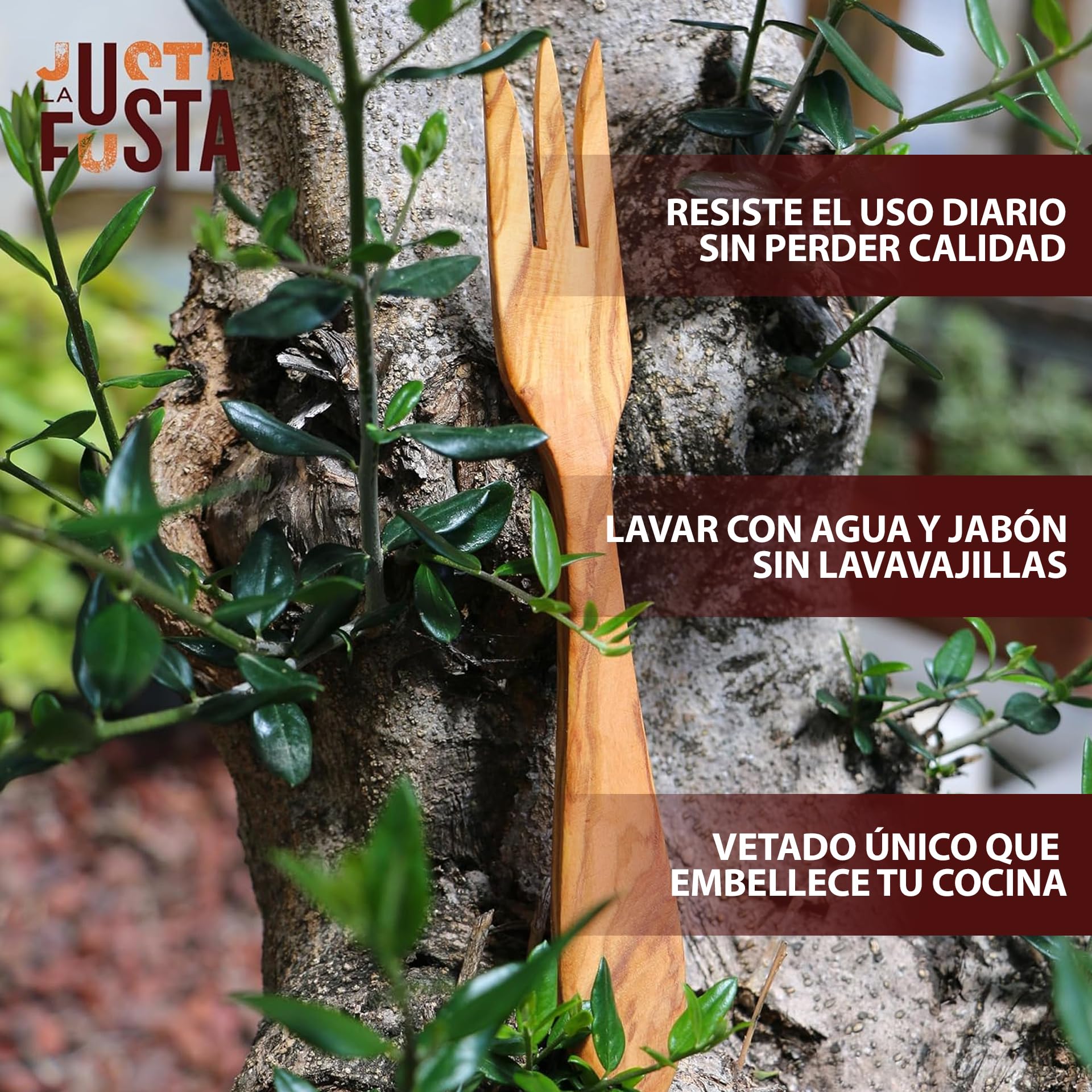 Tenedor De Madera De Olivo Para Cocinar, 30 Cm | Utensilios De Cocina Artesanales Resistentes, Hechos en España | Largos