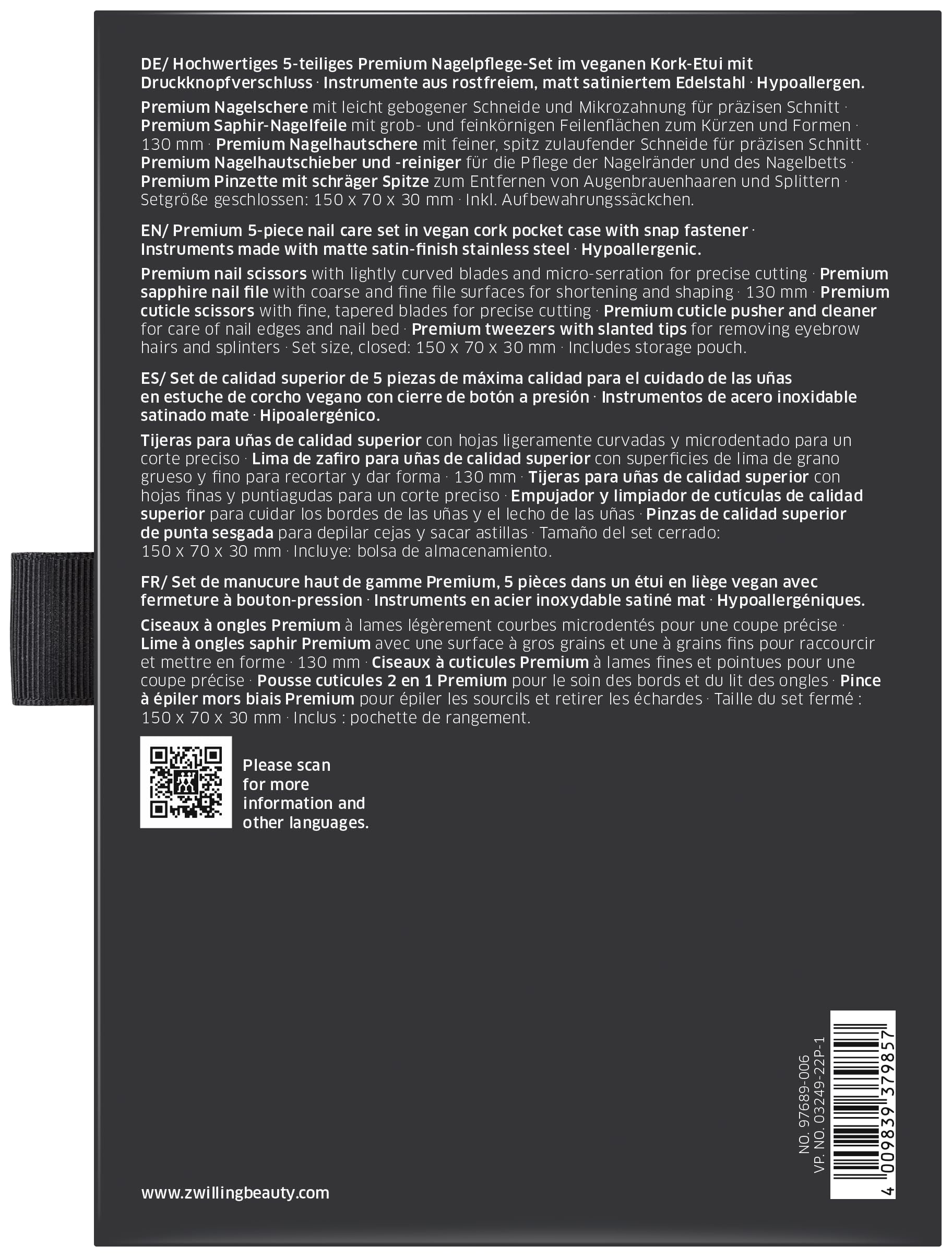 ZWILLING Zestaw do manicure 5 sztuk, premium, pedicure do pielęgnacji dłoni i stóp w rozmiarze podróżnym wykonany z korka