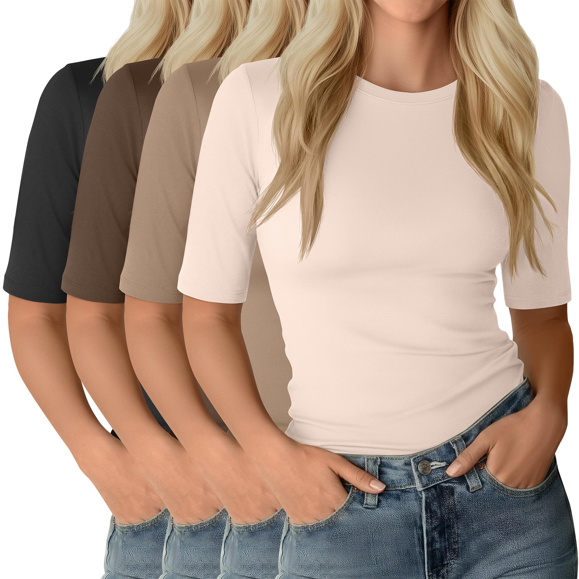 Neer Lot de 4 t-Shirts Basiques pour Femme avec Demi-Manches, Longueur coude, Coupe ajustée, col Rond, Manches 1, 2 Manches | Chemises à manches mi-longues, t-shirt basique léger et extensible, tenue de bureau, vêtements décontractés d'été