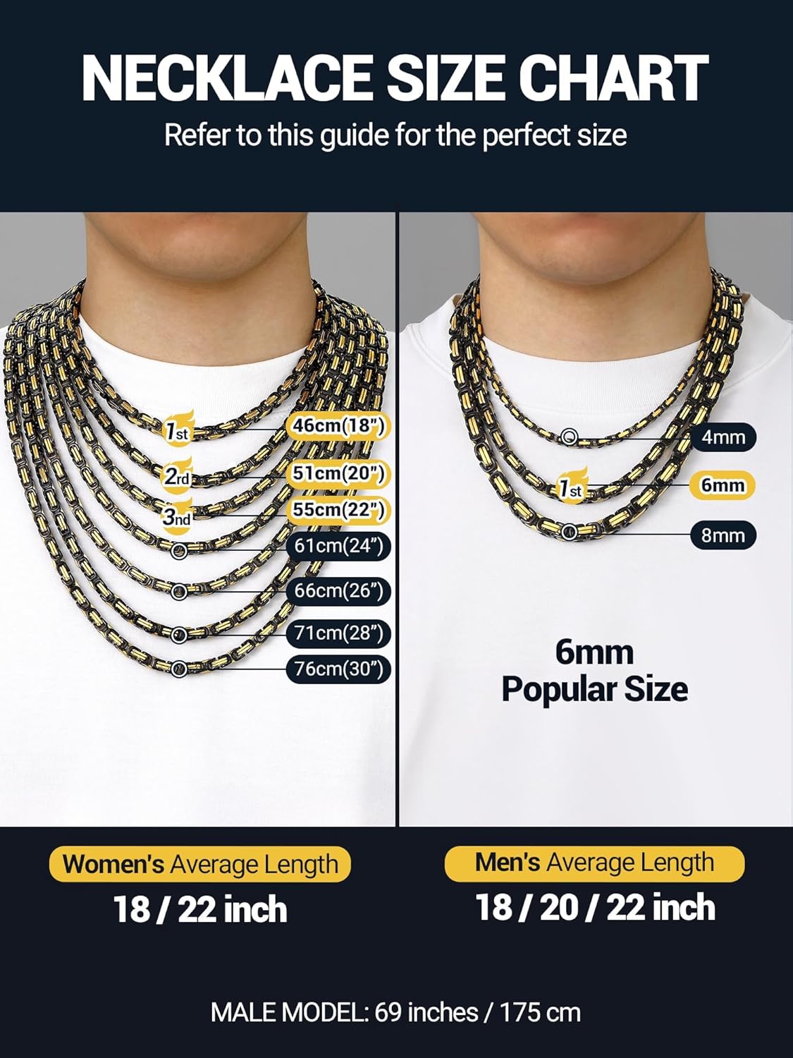 PROSTEEL 4MM/6MM/8MM Stainless Steel Necklace for Men Women, Stylish and Cool, Byzantine Chain Black Gold Silver Tone, 18-30 Inches, Come Gift Box - Image 6