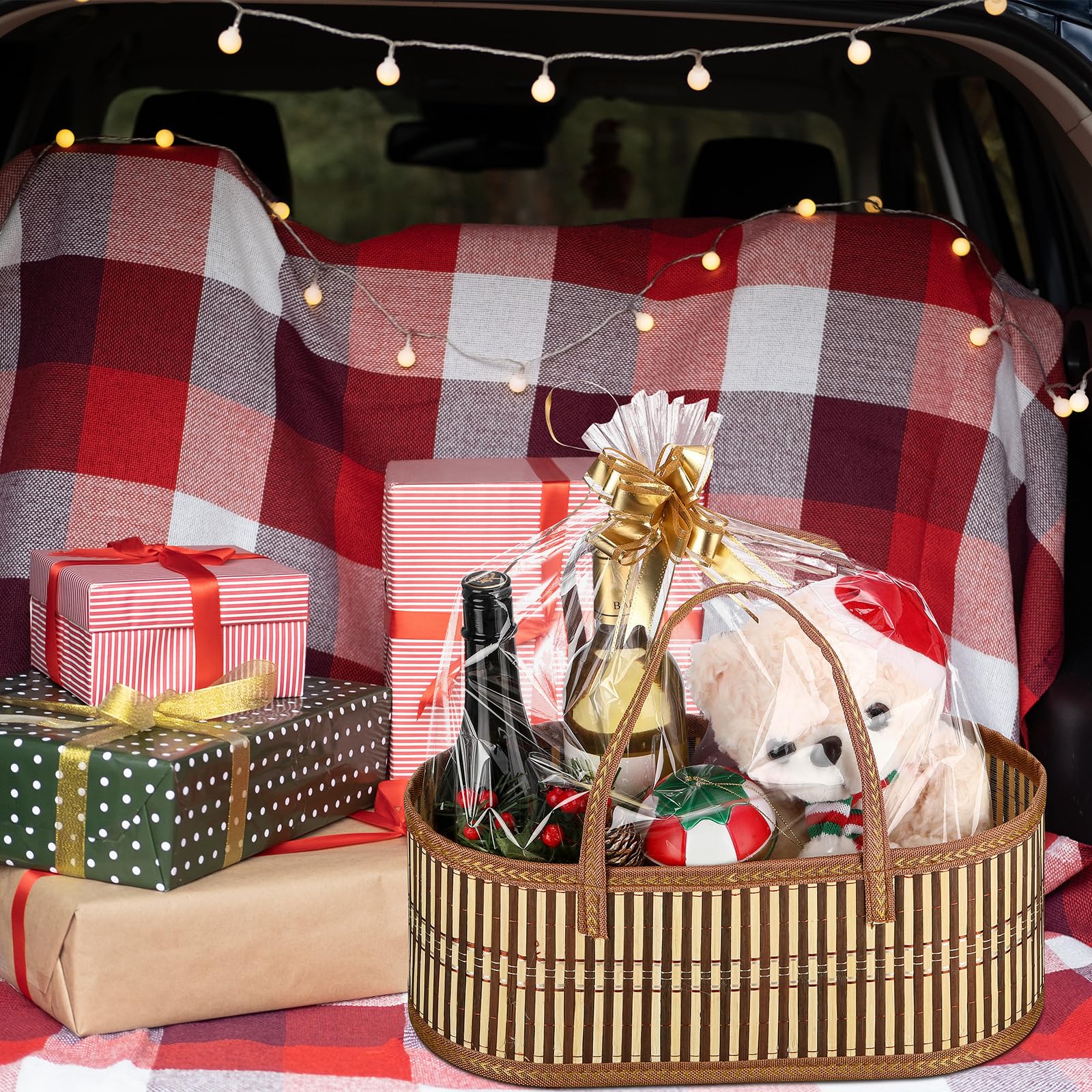 Reallnaive 6 juegos de cestas tejidas para regalos, cestas vacías grandes de bambú con asa, bolsa de celofán y cinta de flores, cestas de regalo plegables resistentes para Navidad, Acción de Gracias