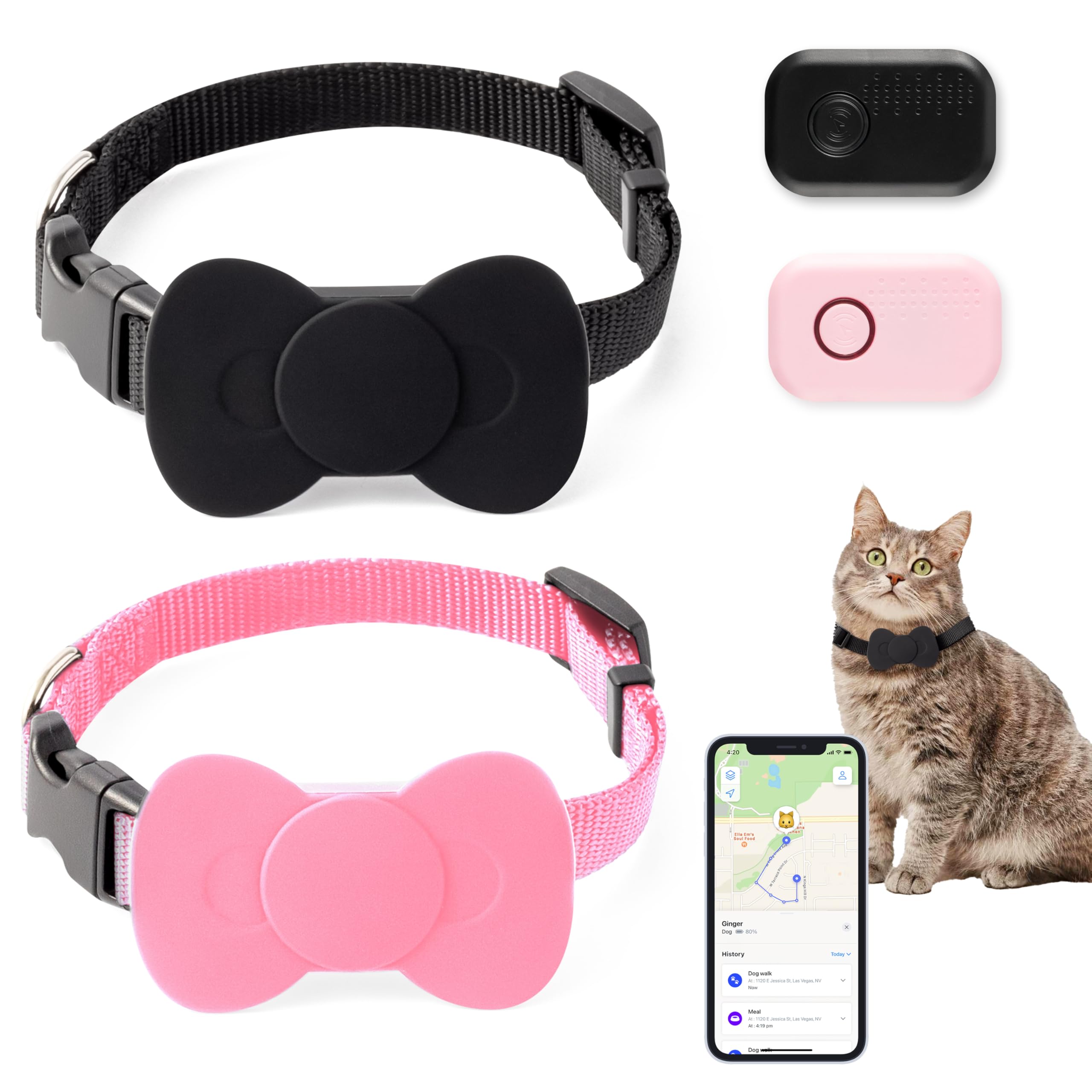 SmartTag - Positionneur de collier pour chat - Pour Apple et Android - Suivez l'emplacement de votre animal de compagnie - Noir et rose