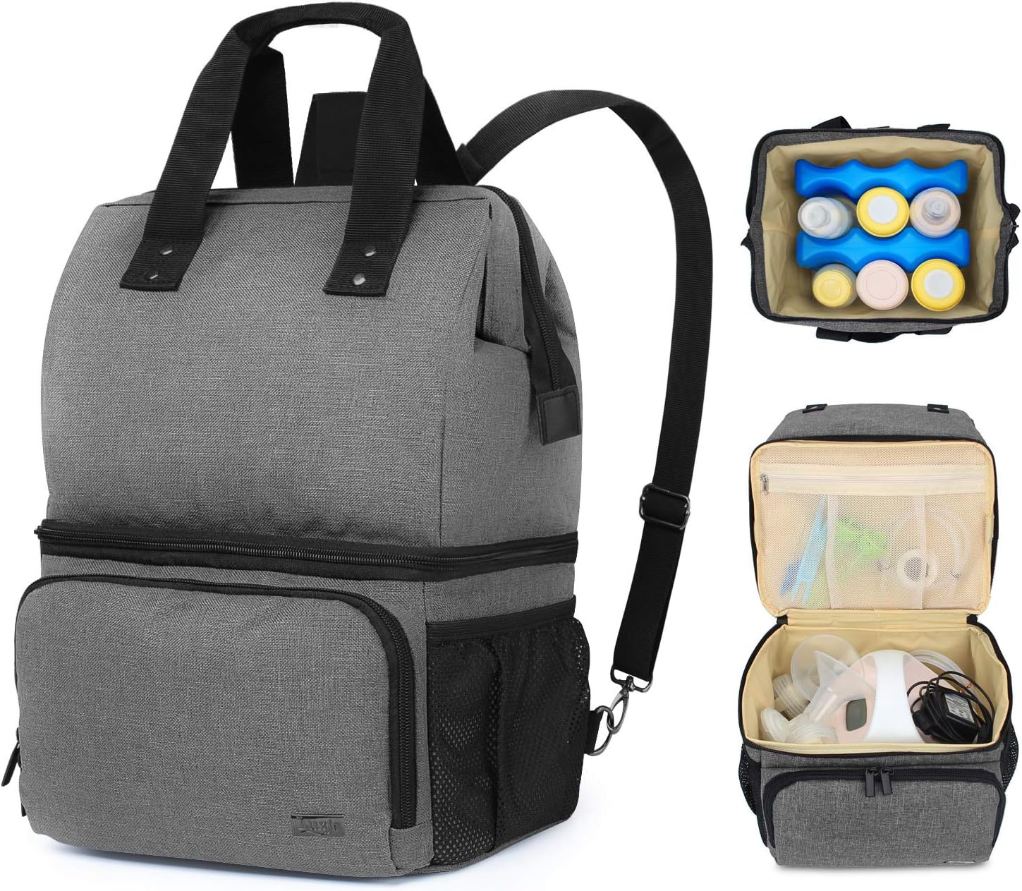 LUXJA Breast Pump Bag with 2 Compartments for Breast Pump and Cooler Bag, Breast Pumping Case with 2 Options for Wearing, Gray