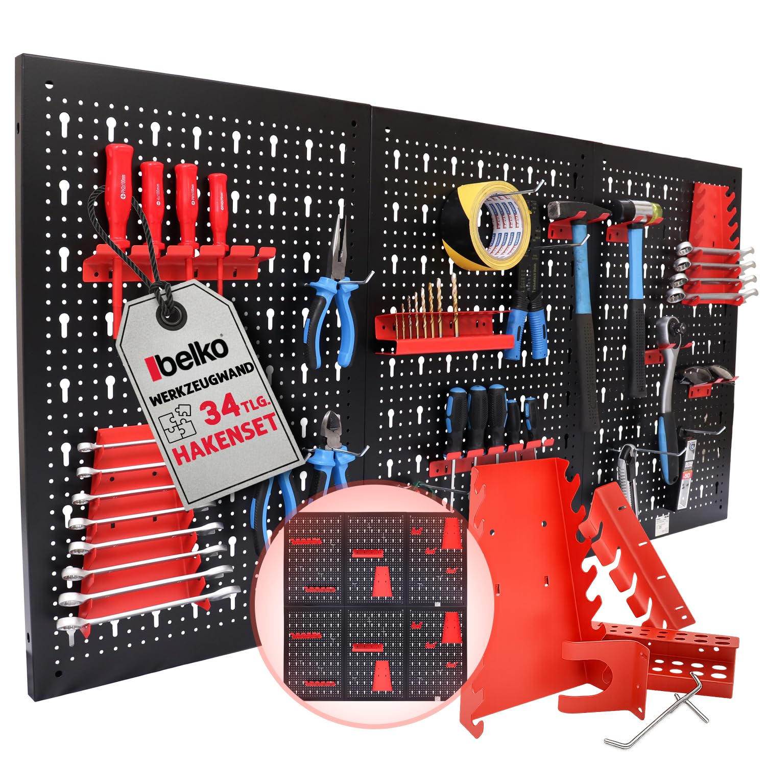 Belko® Juego de 2 paneles de herramientas de color rojo, 120 x 60 cm cada uno (combinable a 240 x 60 cm o 120 x 120 cm), incluye juego de 34 piezas de ganchos y estanterías, soporte organizador de
