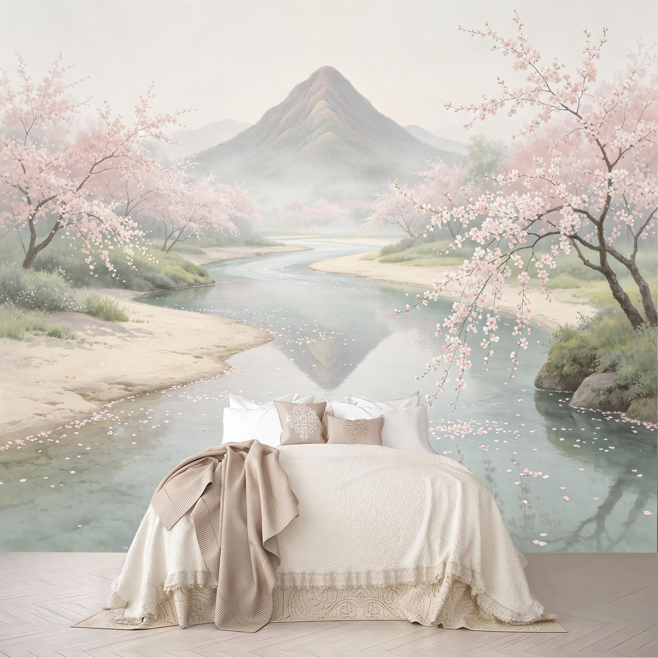 Custom Size Wall Mural Misty Cherry Blossom River Mountain Soft Watercolor Landscape Removable Self Adhesive Peel and Stick Wallpaper for Bedroom Living Room