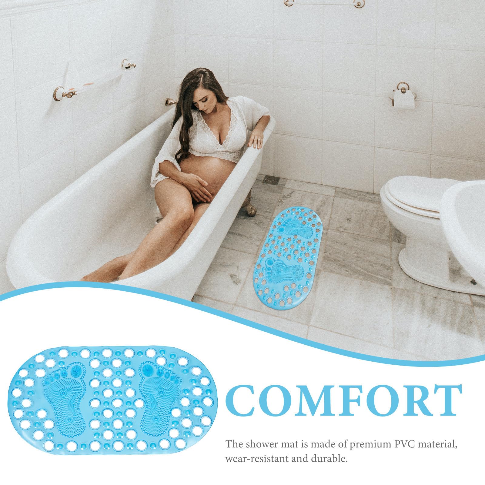 HOMSFOU Alfombrilla de Baño Antideslizante de 68x37 Cm, Transparente Azul, Diseño Masajeador en Forma de Pie para Ducha y Suelo, Almohadilla Práctica y Segura para Baño