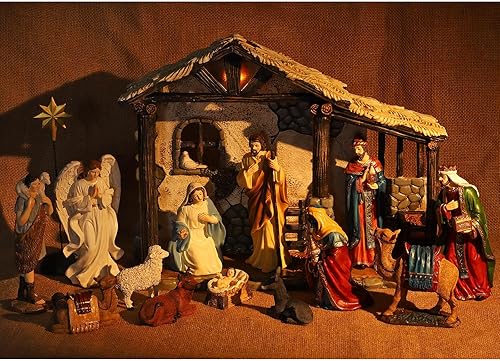 Miniatura 5 de Fovths Paquete de 16 figuras de pesebre de Navidad de resina con pesebre de resina con LED pesebre, decoración de mesa, centros de mesa de resina