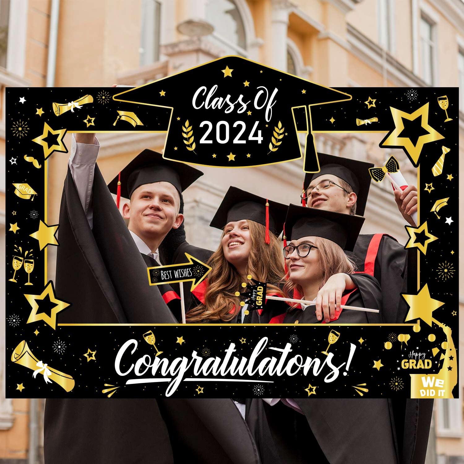 Blulu 24-teiliges Foto-Prop-Set FÃ¼r Abschlussfeier – Lustige Selfie-Requisiten Mit Rahmen, Schwarz-gold, Inkl. StÃ¤bchen