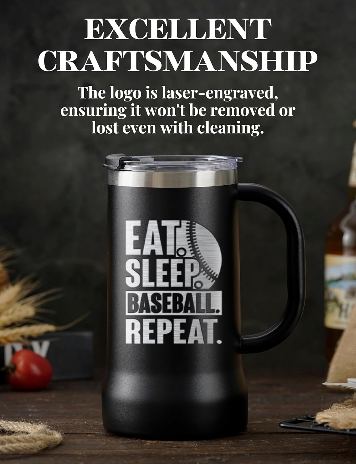 Onebttl Baseball Gifts for Men, Players, Coach, Stainless Steel Beer Stein Tumbler, 24oz Beer Mug with Lid, Black, Eat Sleep Repeat - Image 3