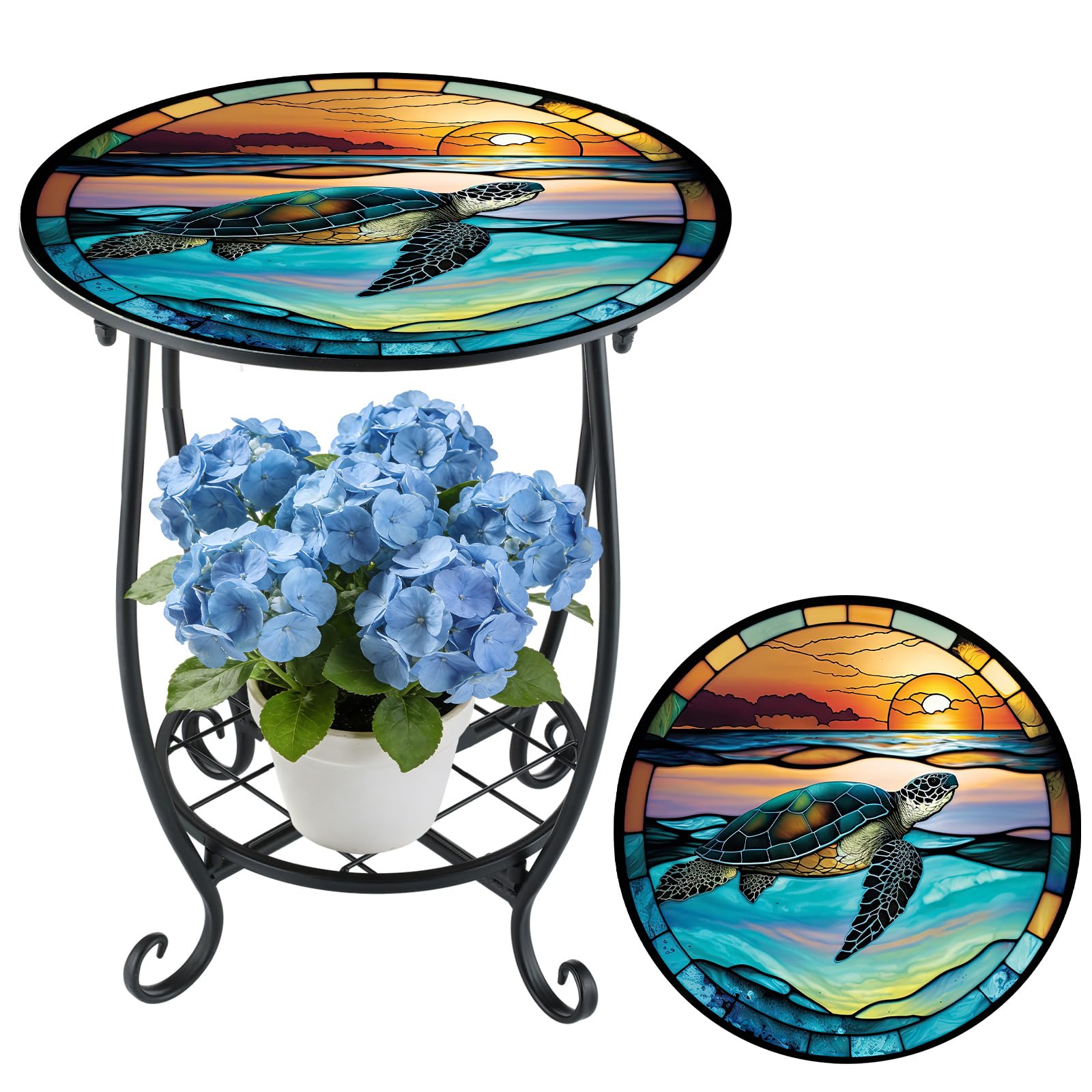 Cinnvoice Outdoor Side Table Round Small Mosaic Patio Accent Indoor End Plant Coffee Tea Table for Yard Patio Porch Garden Living Room, Bedroom(Turtle Style,12 Inch)