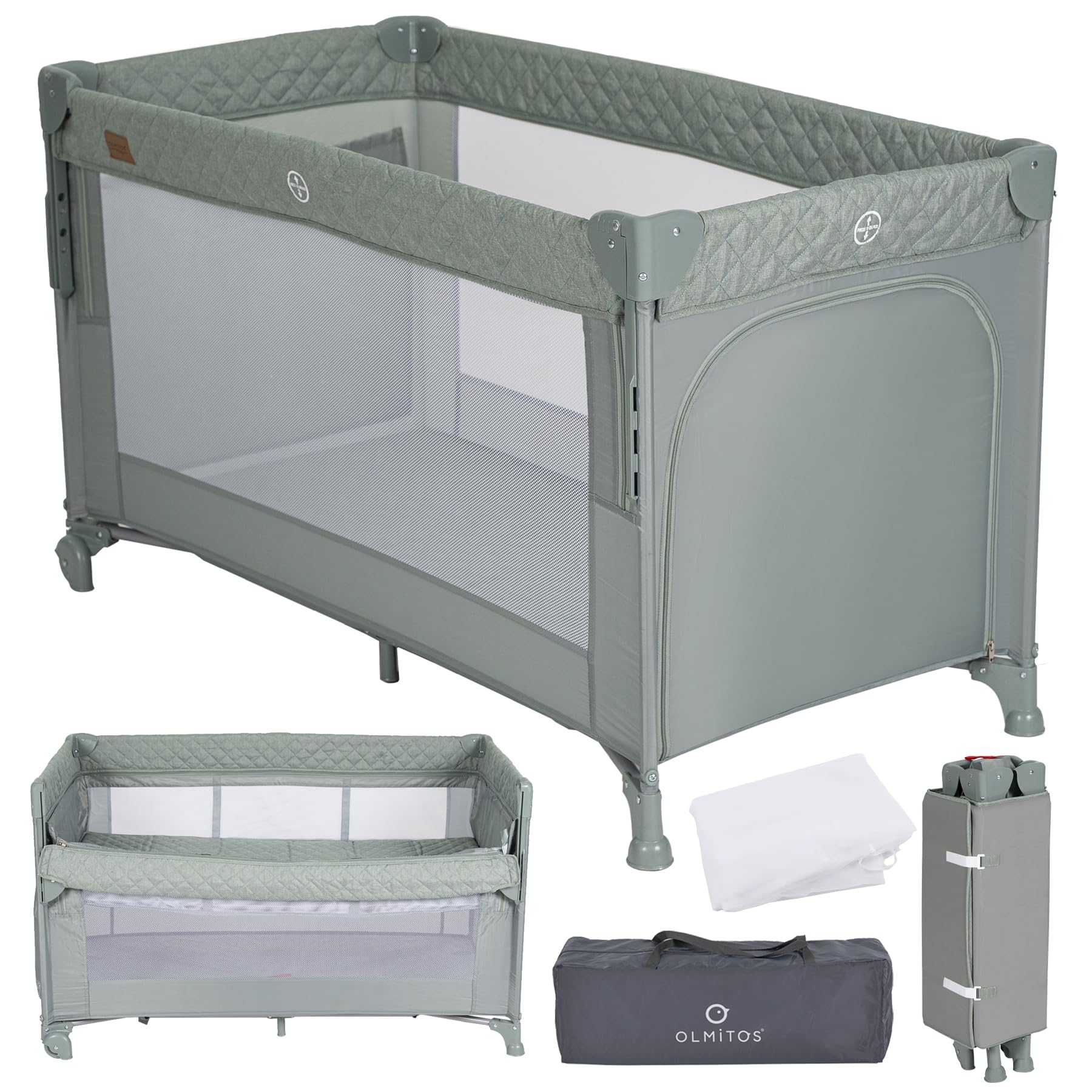 Olmitos - Cuna de Viaje Colecho 3 en 1 Trend Cun con Mosquitera 0-​3 años (0-​15kg) Plegable, Ligera, Doble Altura, Lateral Abatible, Parque de Juegos y Bolsa de Transporte (Verde)