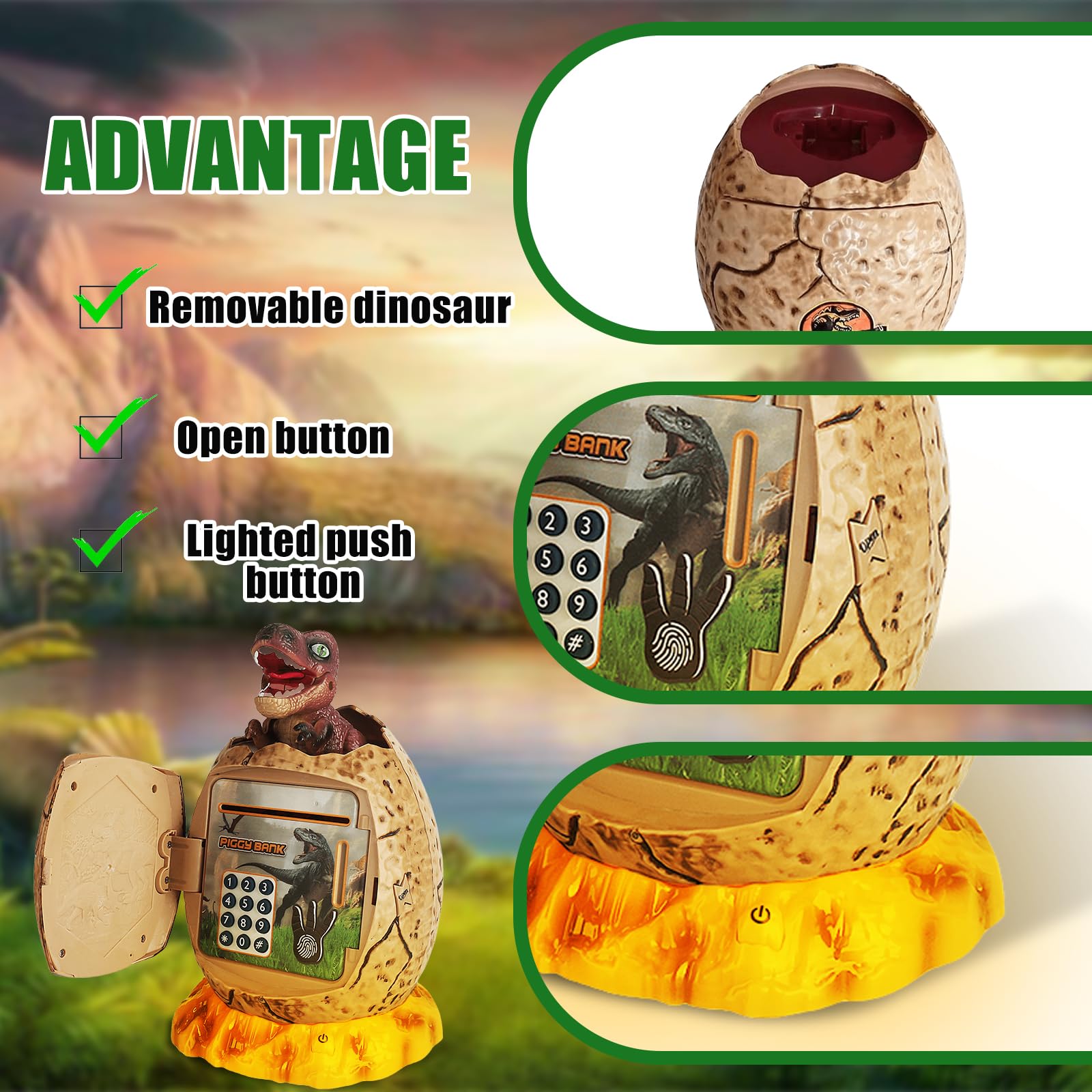 Salvadanaio Elettronico A Forma Di Dinosauro - Con Luce, Musica E Sblocco Impronta/Password, Per Bambini - Foto 10