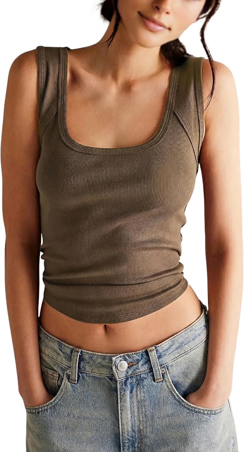 Springrain Women's Sleeveless Scoop Neck Ribbed Tank Tops Lightweight Fitted Cami Tee Shirts