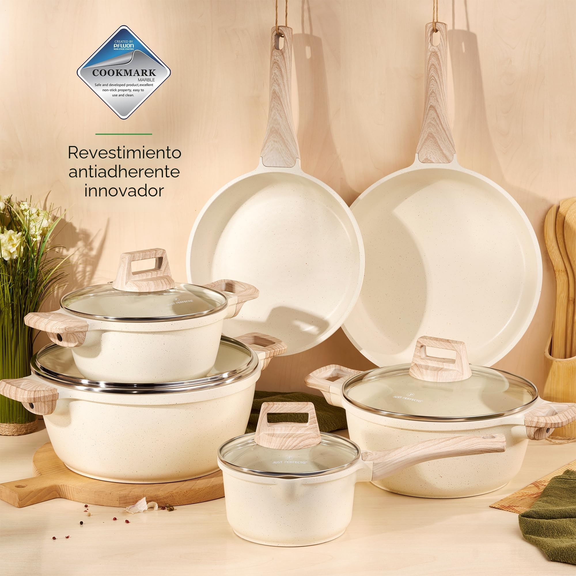 JUST PERFECTO Bateria de Cocina Induccion y Sartenes Antiadherentes, Ollas 28cm, Sartenes 24cm 28cm, Cacerolas libre de PTFE y PFOA (15 piezas beige)