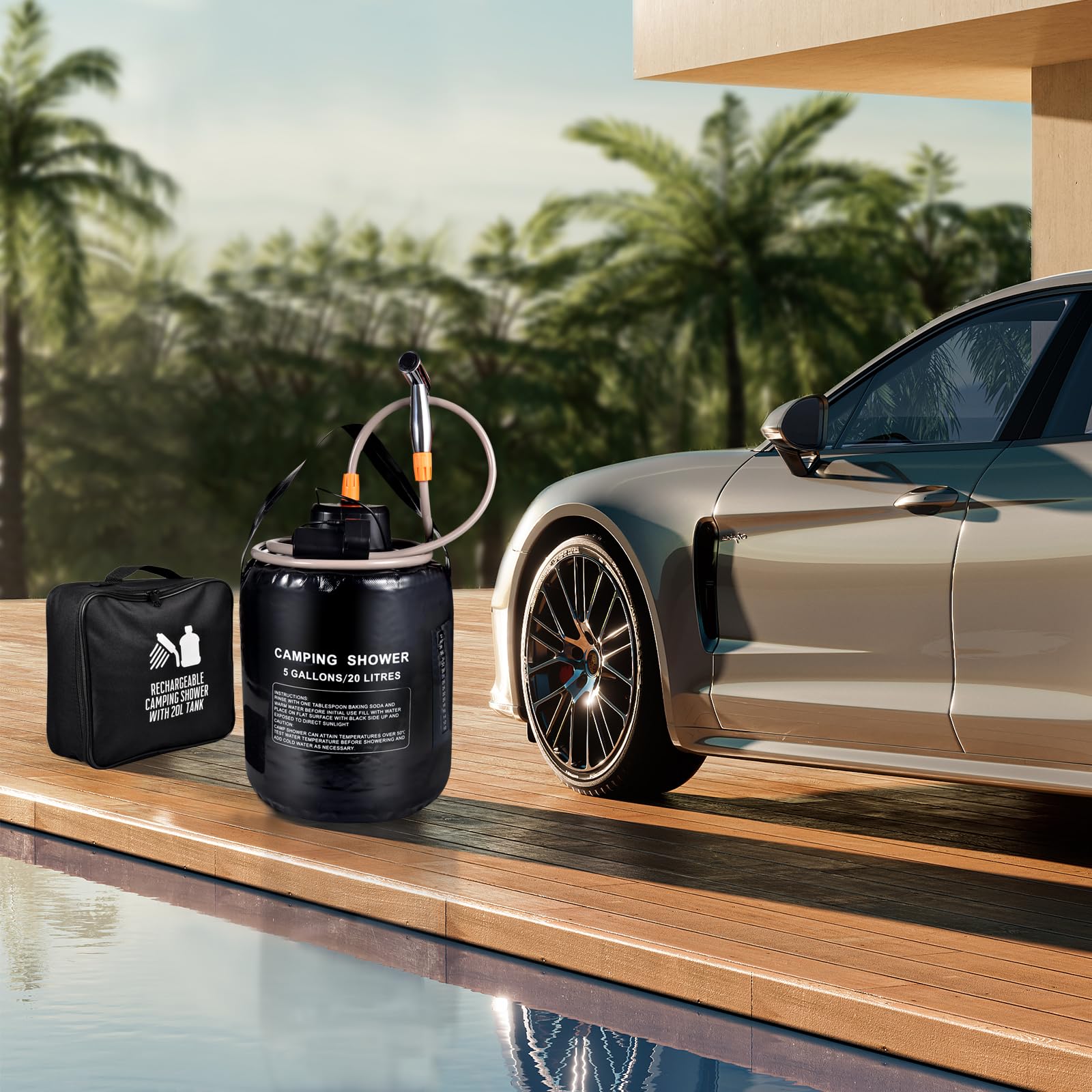 20L Sacco d'Acqua per Campeggio Doccia Portatile,termometro,Riscaldamento Solare,Batteria Integrata 4400mAh,Ricarica USB,spruzzatore,Adatto per Escursioni/Zaino,Campeggio,Spiaggia,Giardino