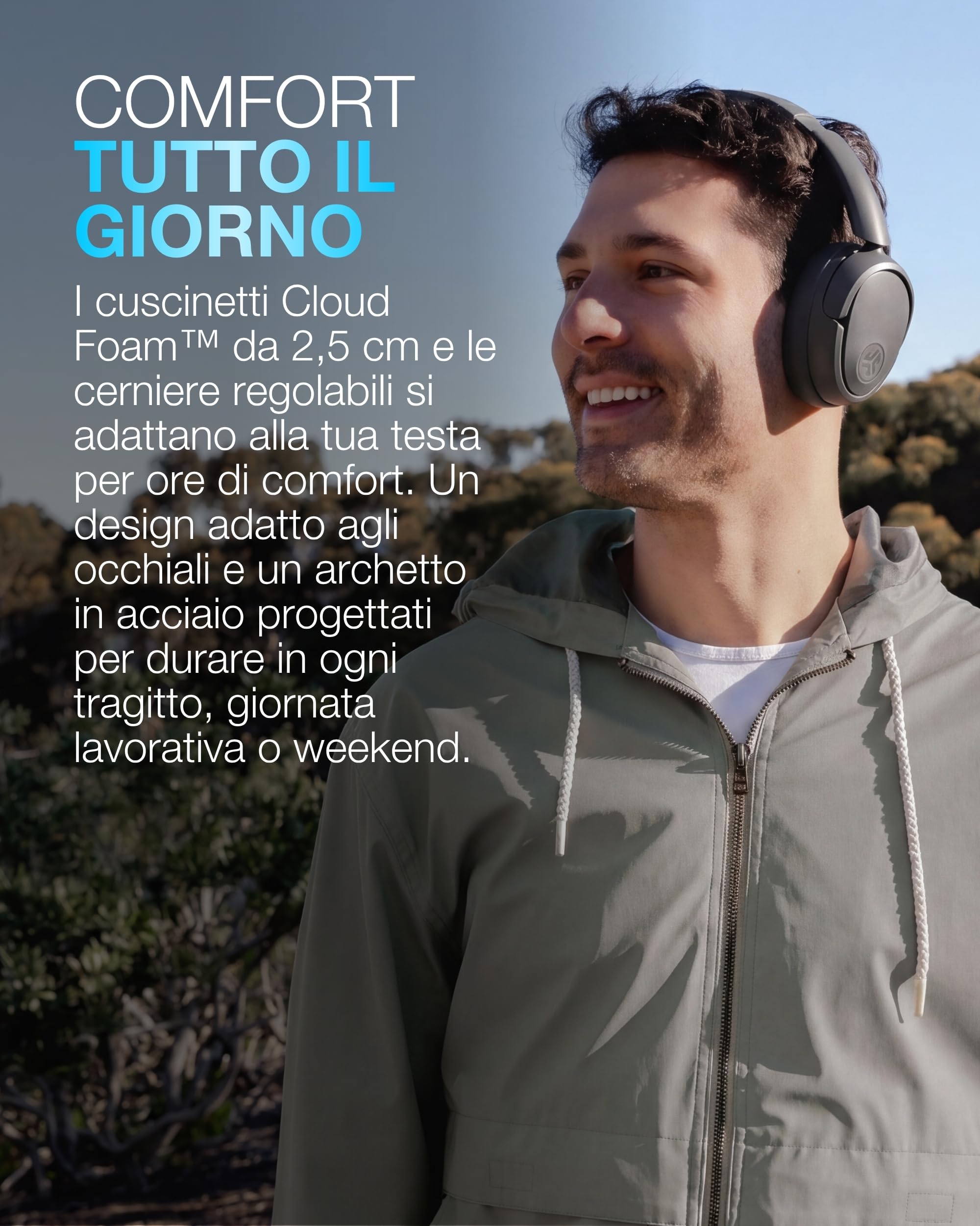 JLab JBuds LUX ANC Cuffie Attive Intelligenti Con Cancellazione Del Rumore - Cuffie Wireless Sopra L'Orecchio Con Microfono, Auricolari Bluetooth Pieghevoli, Grafite