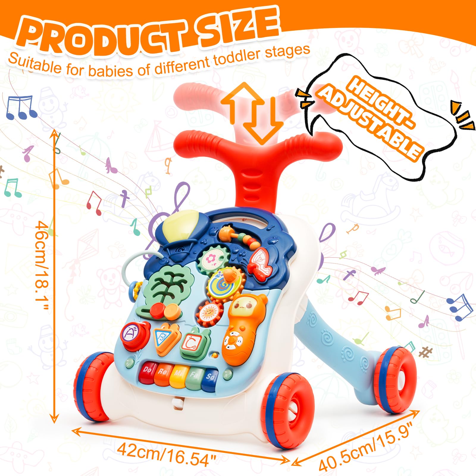 Carrellino Primi Passi Rimovibile Regolabile in Altezza,Primi Passi per Bambini Multifunzionale con Luce,Giocattolo Elettronico Educativo con Musica e Suoni,Girello per 9+ Mesi