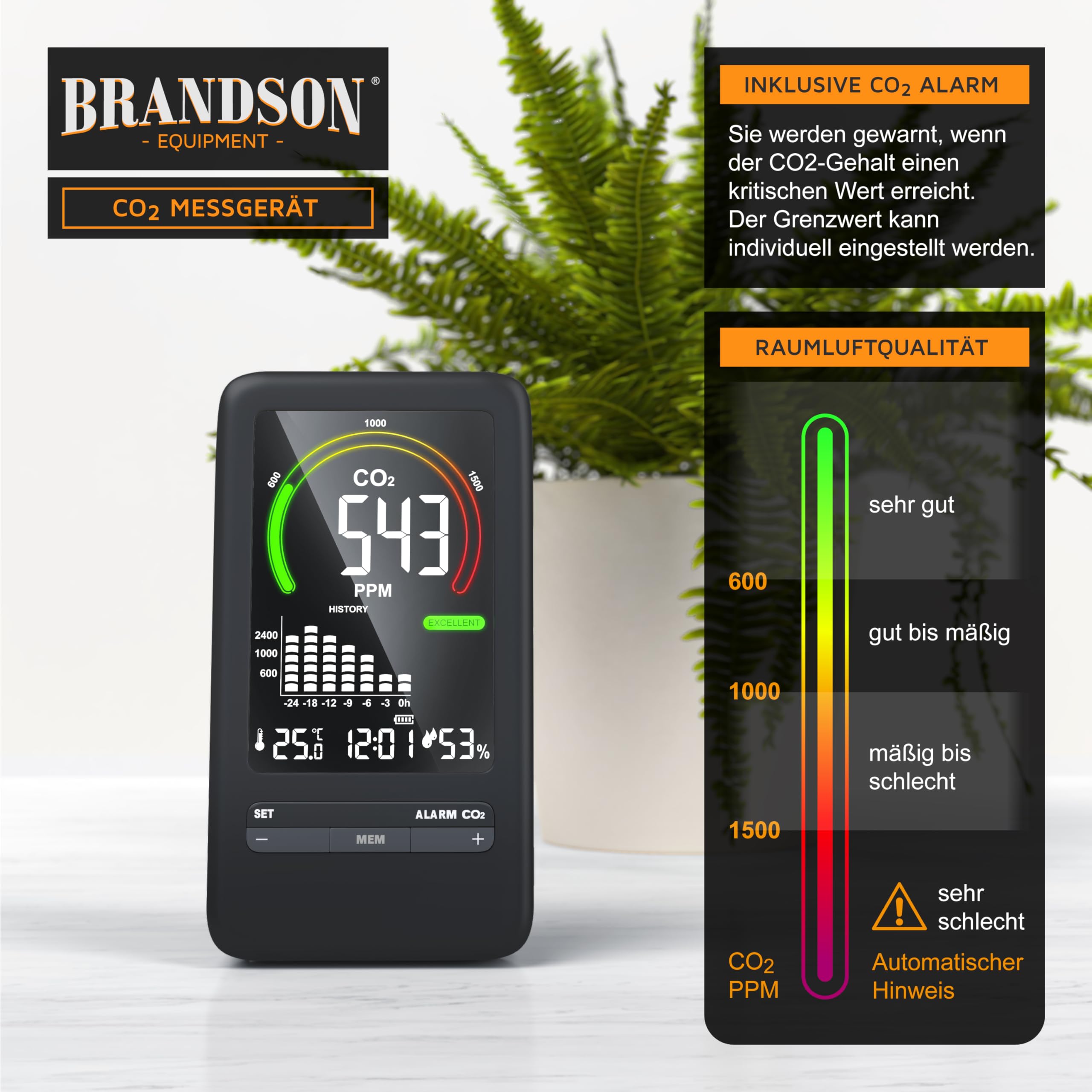 Brandson CO2 Melder Messgerät Kohlendioxidmessung PPM mit Akku 2000 mAh Alarm Wecker Schlummerfunktion Temperatur Uhrzeit Luftfeuchtigkeit schwarz