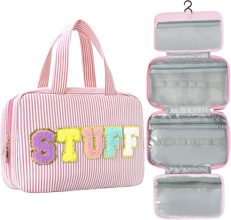 Necessaire de viagem Apxouans com listras e letras em chenille, gancho interno e compartimentos, rosa CD-Pink