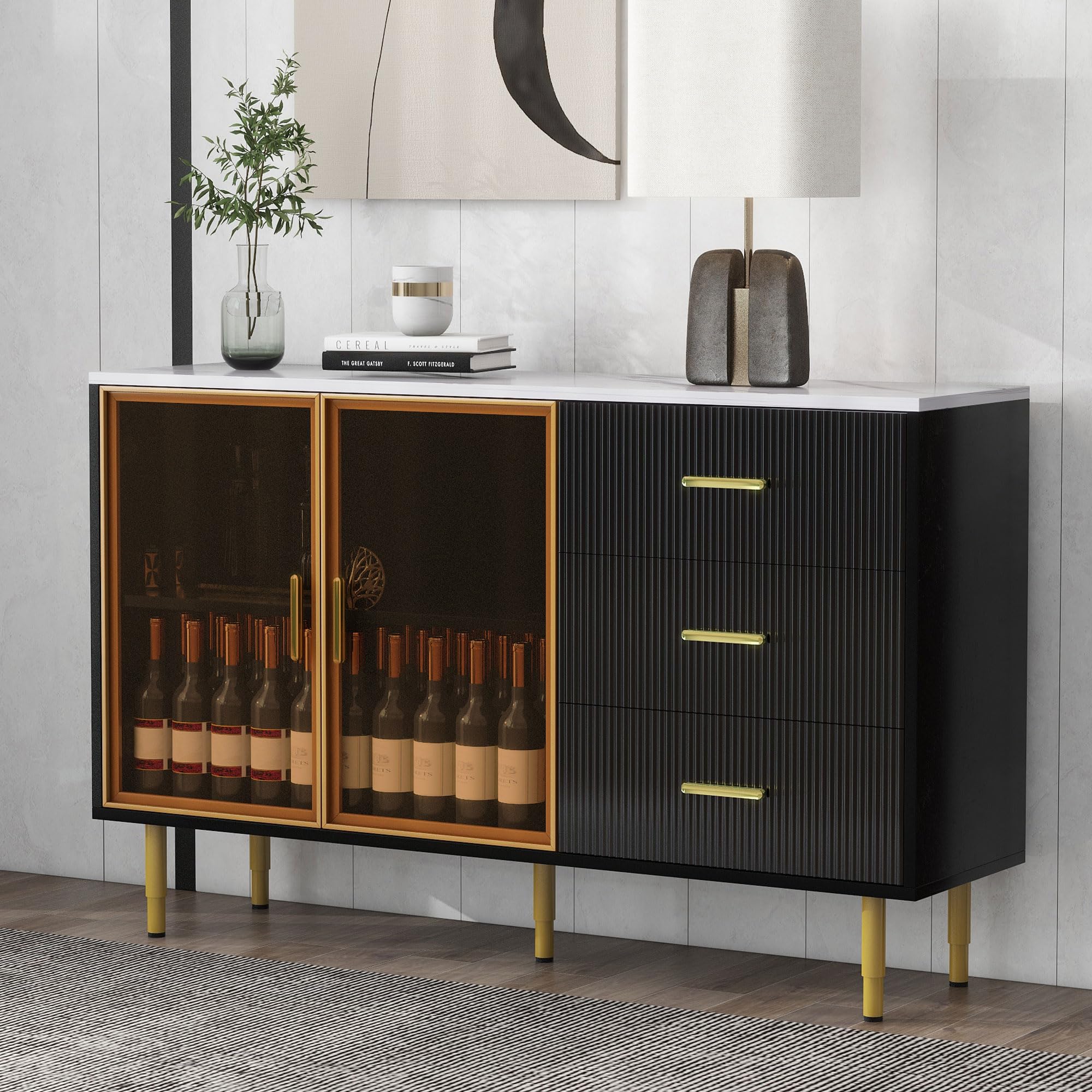Modern Sideboard,MDF Buffet Cabinet Marble Sticker Tabletop and Amber-Yellow Tempered Glass Doors with Gold Metal Legs & Handles for Hallway, Entryway and Living Room (Black)