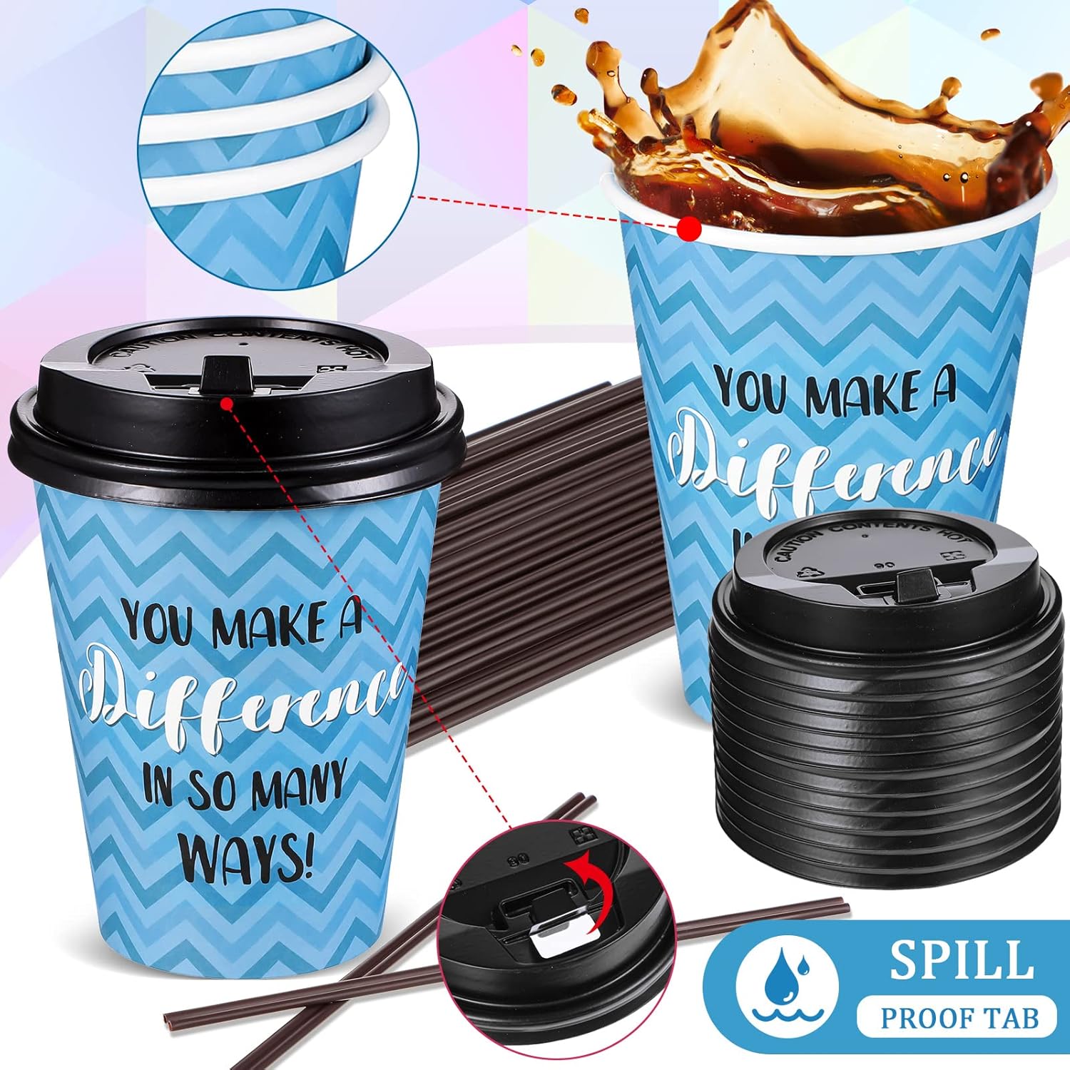 Gerrii 100 Pack Disposable Coffee Cups with Lids and Straws, Motivational Paper Hot Cups with 6 Quotes and Designs for Water, Juice, Coffee, Tea, Home, Shop Cafe (16 Oz,Fresh Style) - Image 6