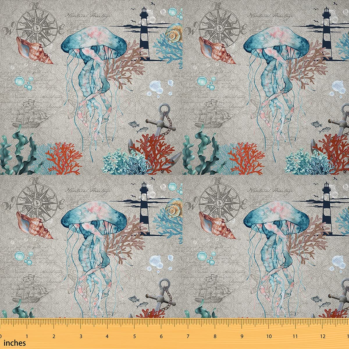 Jellyfish Fabric by The Yard Retro Sea Underwater World Anchor Decor Upholstery Fabric for Chairs Marine Theme Decorative Waterproof Outdoor Fabric 2 Yards (L184*W150cm)