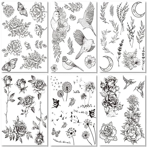 Tatuaje temporal de flor de pájaro para mujer, realista, negro, grande, floral, rosa, tatuaje, tatuaje, adulto, niña, brazo, mano, pierna, hada,