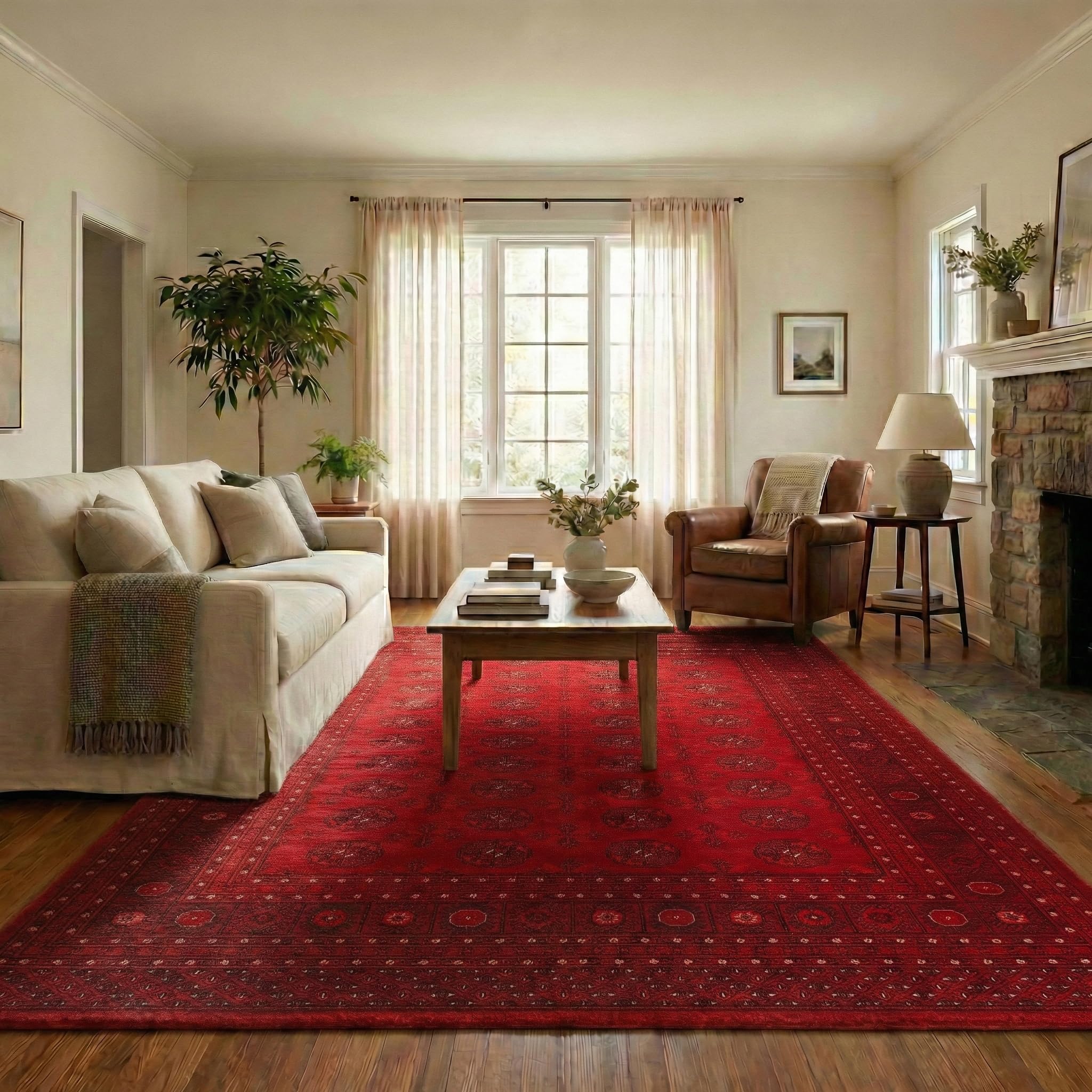 ECARPETGALLERY Red Area Rug 5x8, Traditional Bokhara Oriental Carpet for Living Room, Bedroom & Dining, Classic Geometric Pattern, Durable & Shed-Resistant Floor Decor
