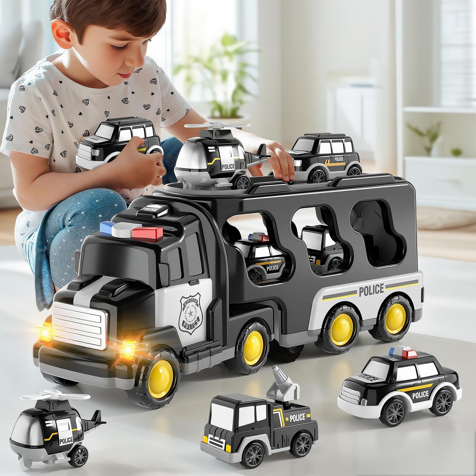Polizei LKW Jungen Spielzeug für 3 4 5 Jahre alte Kleinkinder, Transport Fahrzeug Träger, Spielzeug Sets Kinder 3-6, Geschenk für Jungen & Mädchen im Alter von 4-6 5-7
