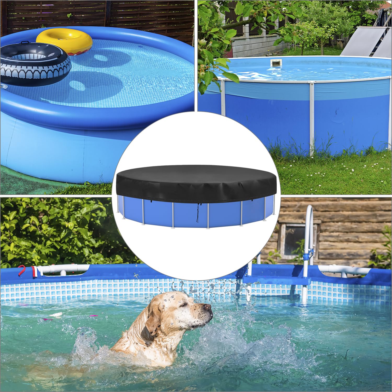 QWORK® Cobertor Piscina Redondo 460cm, Lona Cobertor Piscina, Lona Protección UV, 420D Oxford, Negro