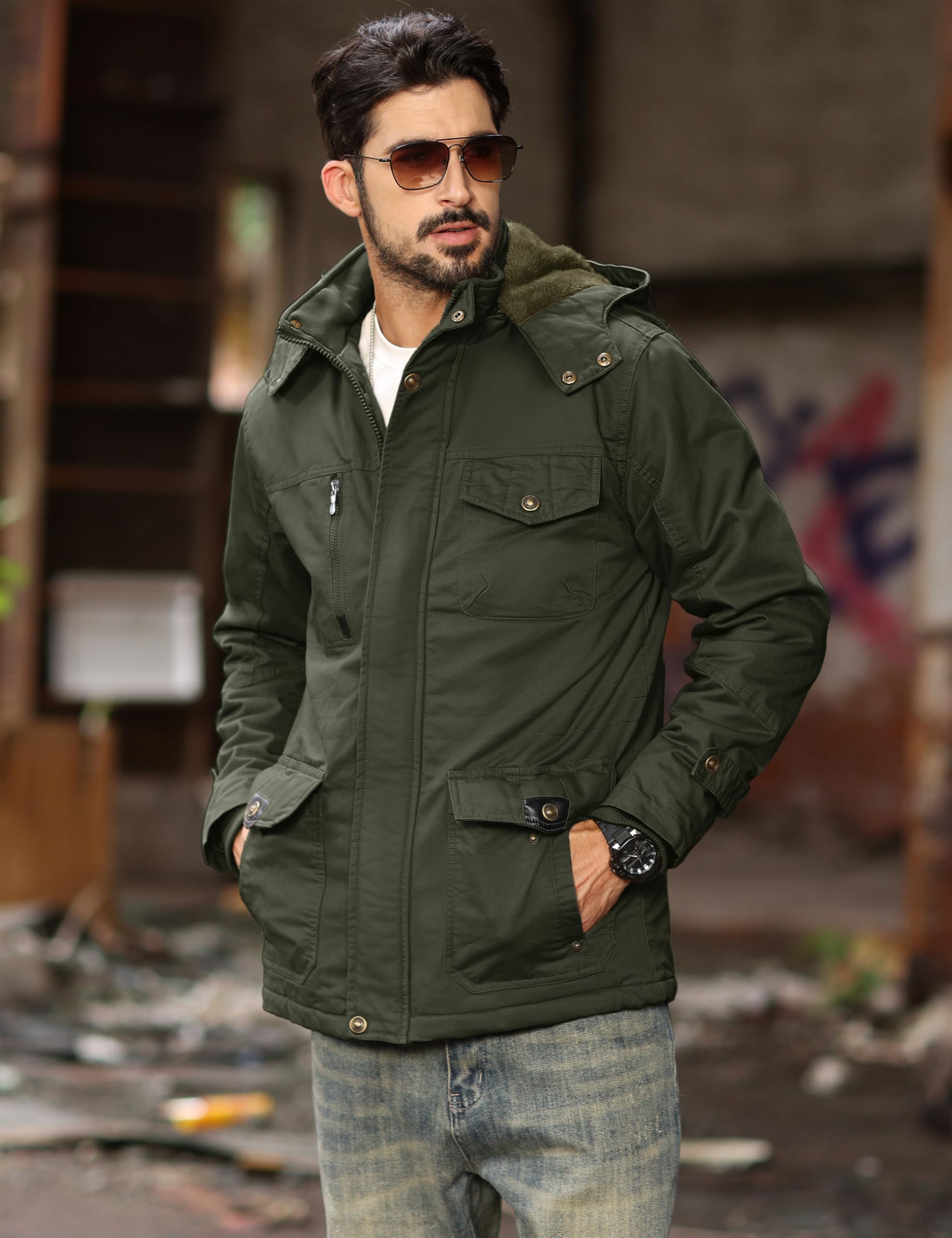 MAGCOMSEN Męska kurtka z ciepłą podszewką, cargo, parka zimowa, kurtka wojskowa, kurtka outdoorowa z odpinanym kapturem, kurtka przejściowa, bawełniana bluza z kapturem