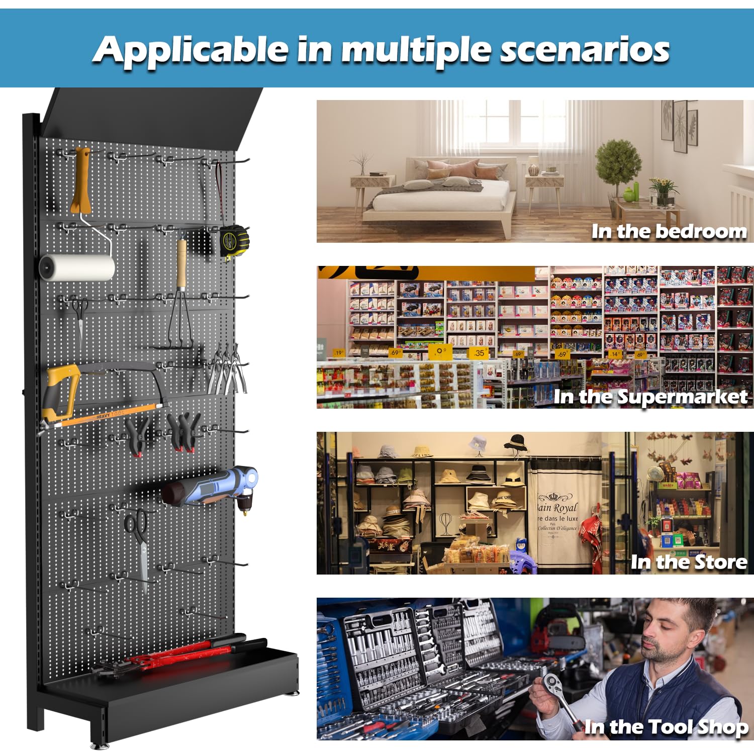 Organizzatore per pannelli forati in metallo, con 30 ganci, 215,9 x 91,4 x 33 cm, può sopportare 150 kg di peso, scatola portaoggetti portatile per garage, accessori per telefono in metallo, per