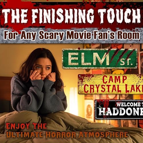 Miniatura 6 de QH QH WURONG Regalos de película de terror de Navidad, letrero de calle de olmo, letreros de metal retro para decoración de Halloween, póster de