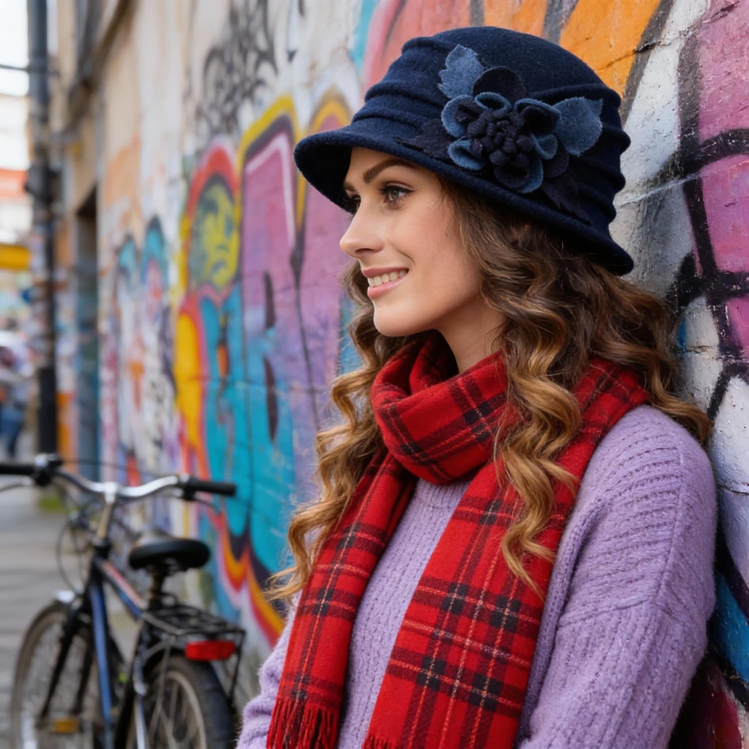 Vintage Women Floral Wool Dress Cloche Winter Hat 1920s - Image 4