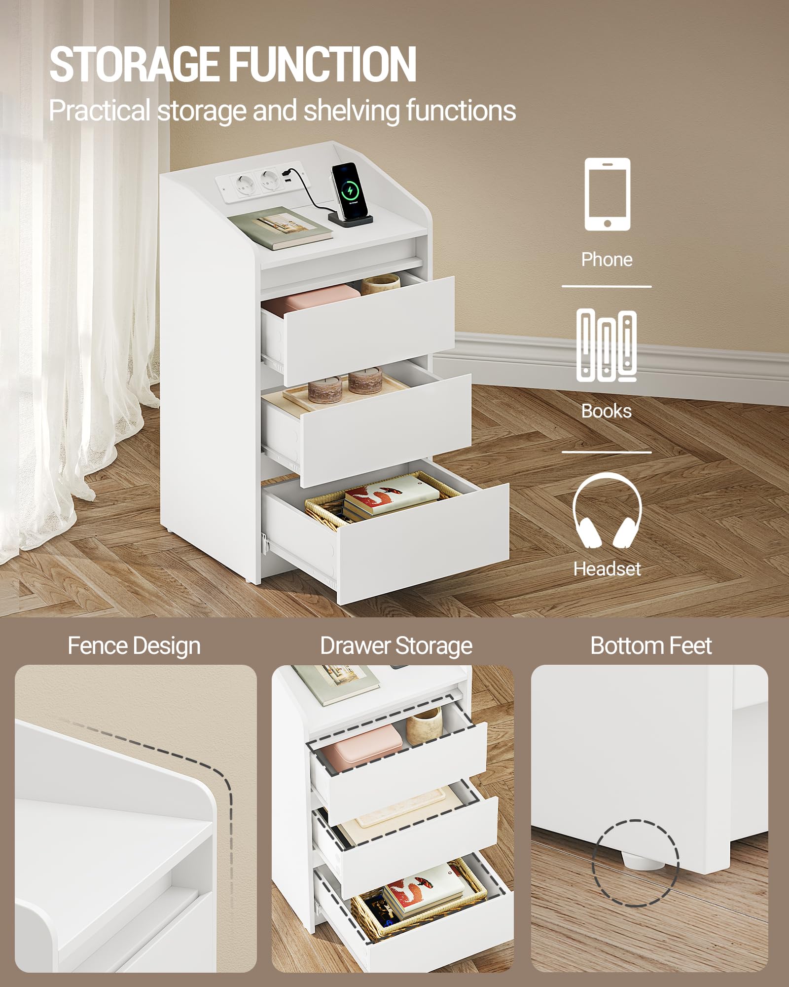Hzuaneri Mesilla de Noche con 3 Cajones, Mesa Auxiliar con Estación de Carga y LED, 2 Tomas CA y 2 Puertos USB para Dormitorio, Salón, Blanco NS40003X