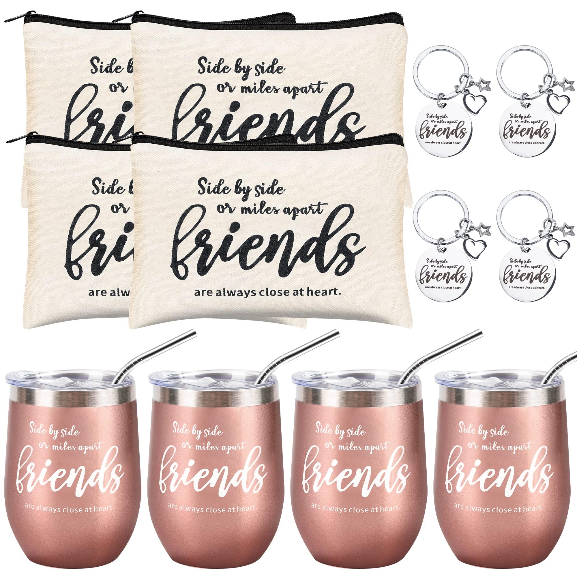 Kolewo4ever 12 Pieces Girl Trip Gifts Favors Bulk Friend Appreciation Gifts Set 4 Friends Wine Tumbler 4 Friends Cosmetic Bag 4 Keychains Appreciation Funny Long Distance Friendship Gift