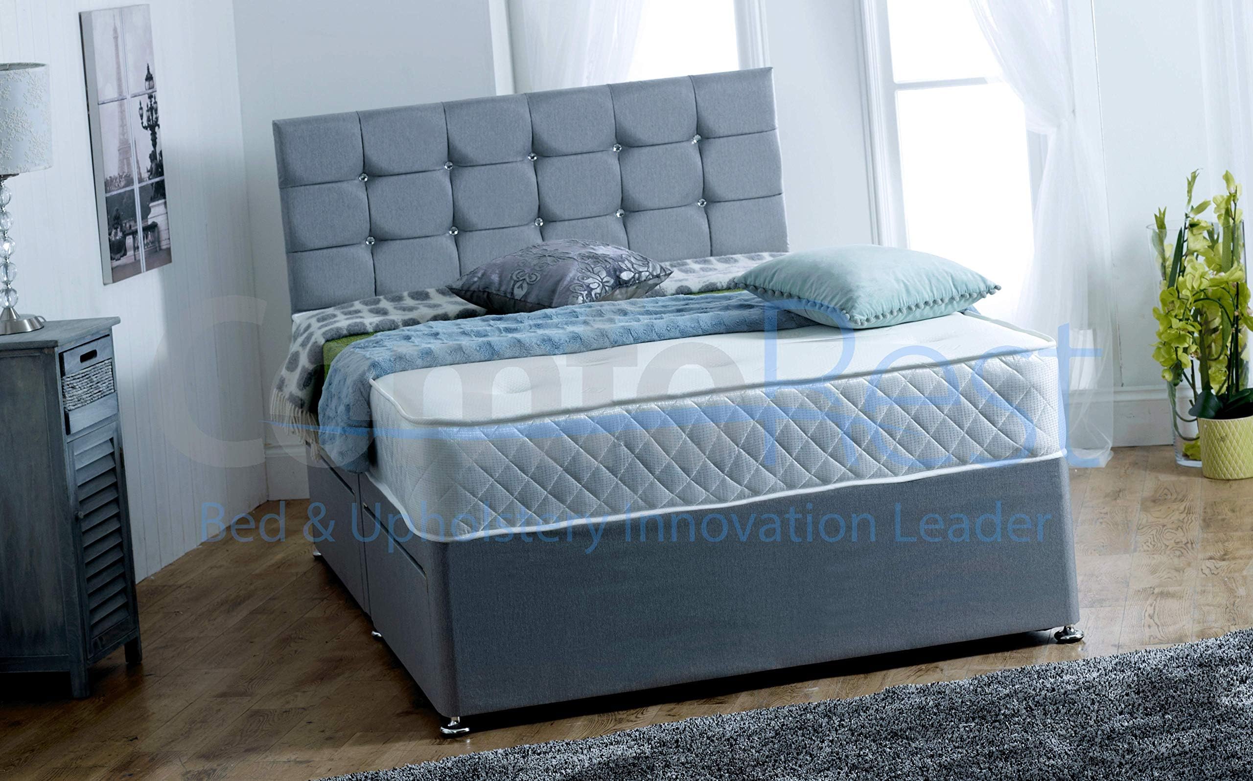 4FT6 Double NO DRAWERS Paris Grey Fabric Divan Bed Set includes Memory Mattress and Headboard. UK