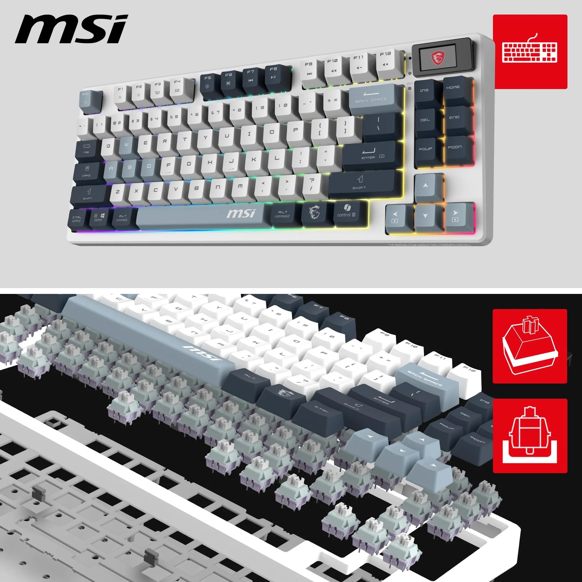 MSI Forge GK600 TKL Wireless Sky FR - Tastiera AZERTY meccanica a switches lineari, tasti PBT stampati Sublimazione, base antiscivolo, LED RGB, USB 2.0, Bluetooth, 2.4 GHz - Tenkeyless