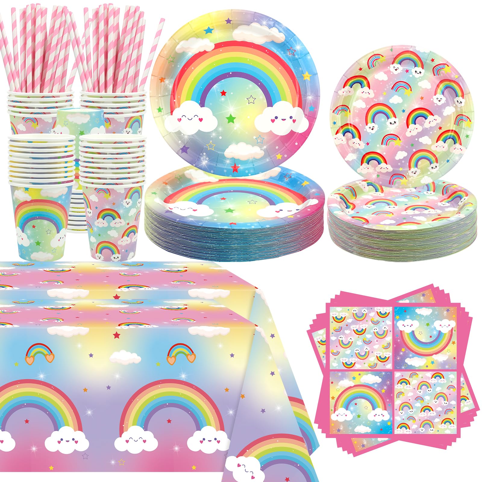 Décoration de fête arc-en-ciel – Fournitures de table de fête d'anniversaire arc-en-ciel comprenant assiettes, tasses, serviettes, nappes, pailles (40)