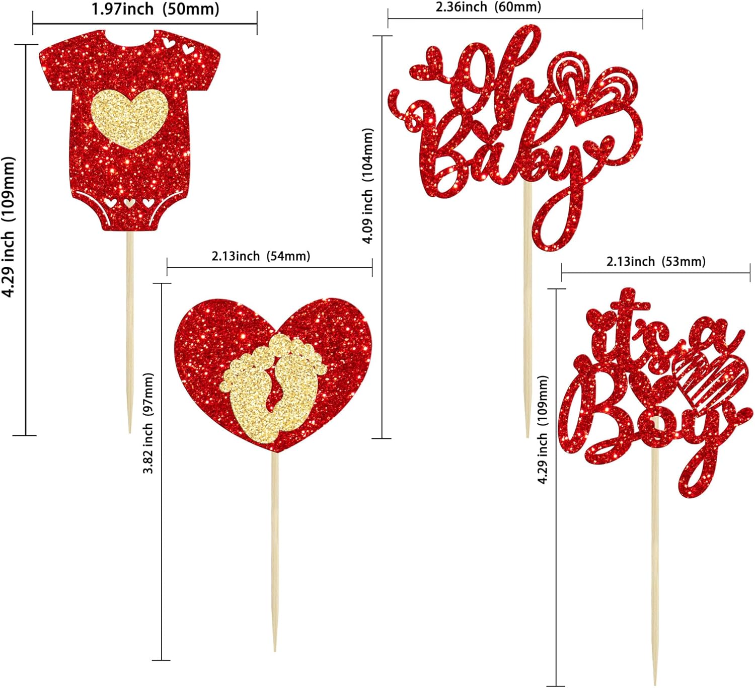 Ephlyn 24Pcs Happy Valentine's Day Oh Baby Cupcake Toppers Glitter Baby Feet Onesie Heart It's a Boy Cupcake Picks for Baby Shower Birthday Party Cake Decorations Supplies Red - Image 2