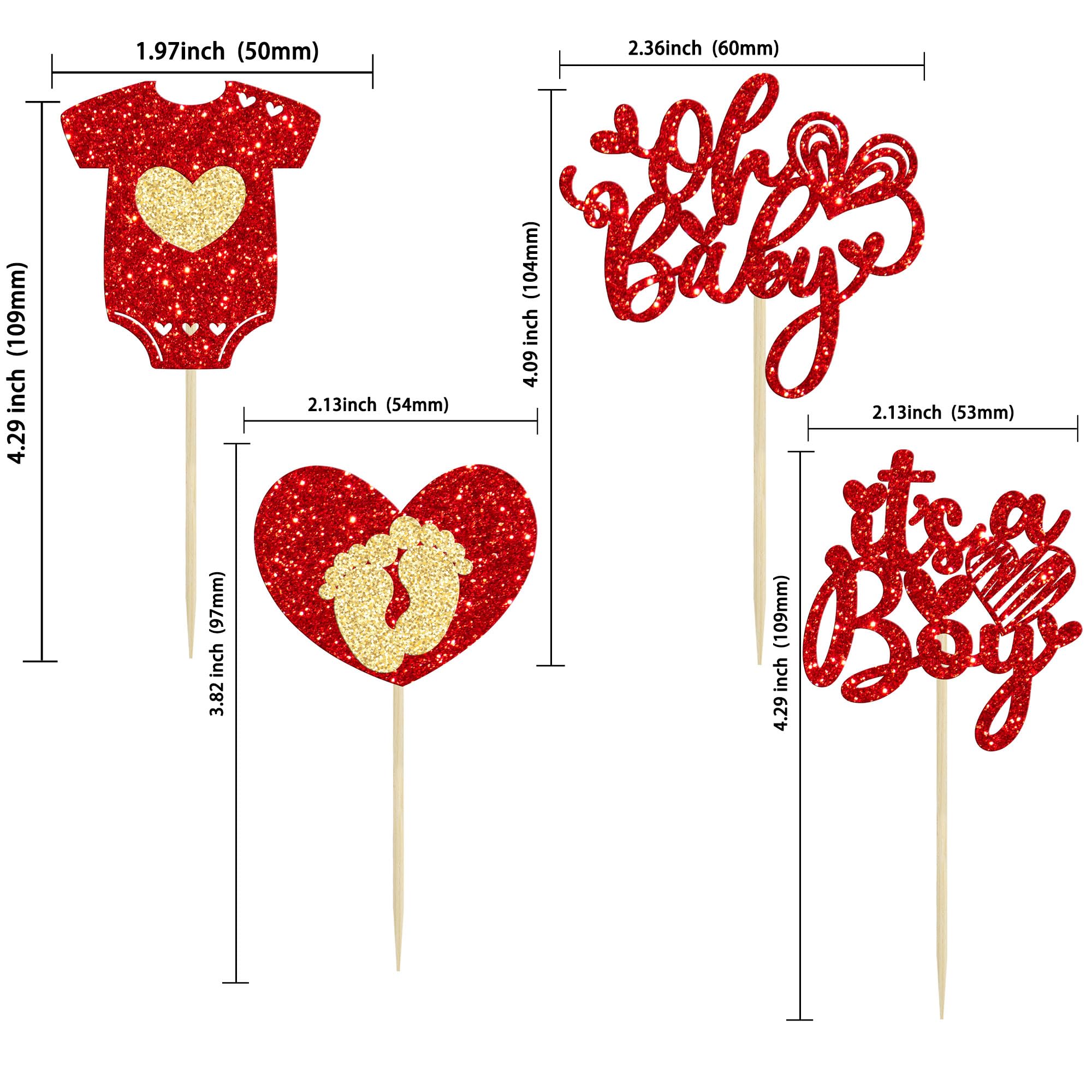 Ephlyn 24Pcs Happy Valentine's Day Oh Baby Cupcake Toppers Glitter Baby Feet Onesie Heart It's a Boy Cupcake Picks for Baby Shower Birthday Party Cake Decorations Supplies Red