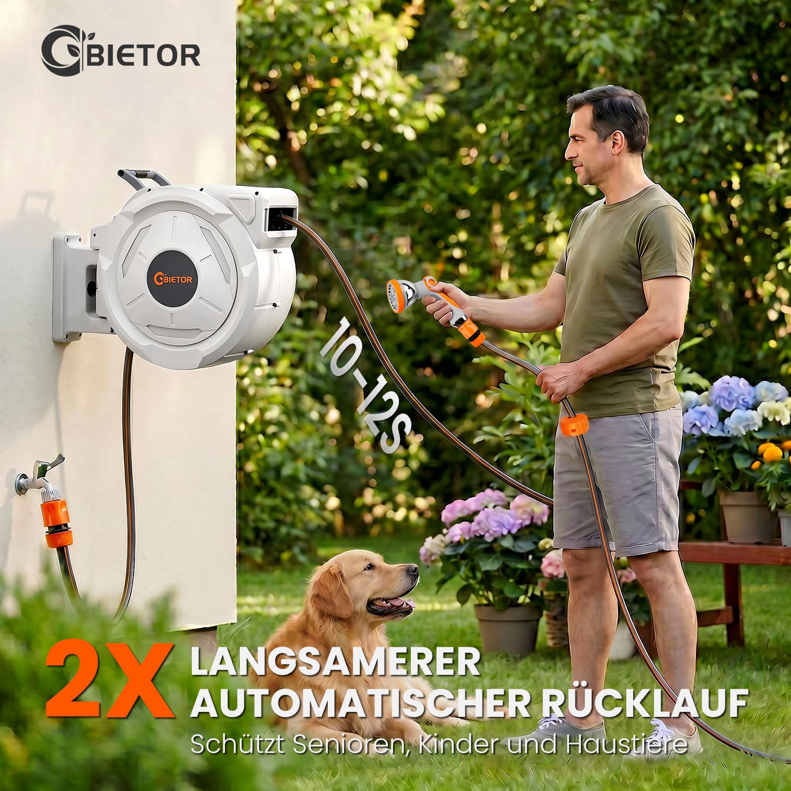 Schlauchtrommel Wasser 45m + 2m, 180° Schwenkbar Wand-Schlauchbox, Automatischer Gartenschlauch trommel mit 10-Funktionen Gartenbrause für Gießen Autowaschen