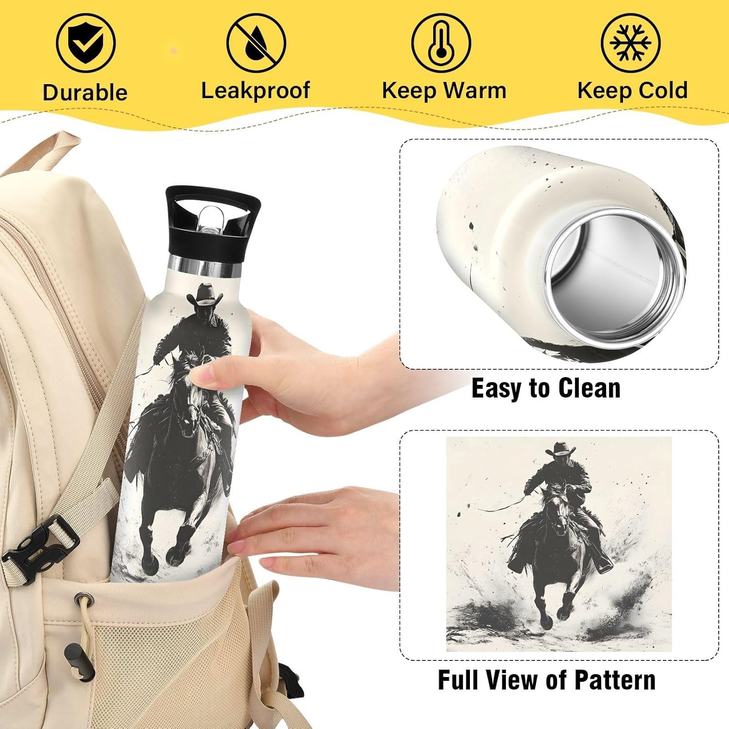 Western Cowboy Insulate Water Bottle for Kid BPA Free 20 oz Stainless Steel Water Bottle with Leakproof Straw Lid Reusable Vacuum Double Wall Travel Bottle