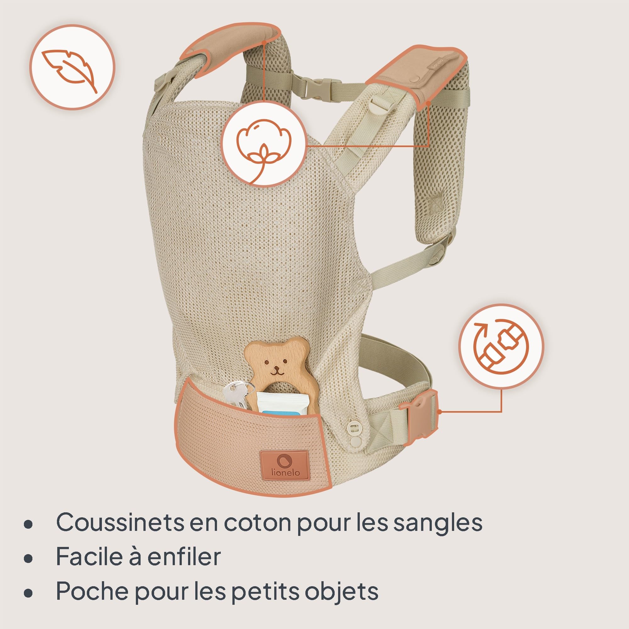 Lionelo Margareet Air Porte-Bébé Ergonomique, Respirant, dès 4 Mois, Beige | Jusqu’à 20 kg, 3 positions de portage, panneau évolutif, double sécurité, séchage rapide et capuche amovible