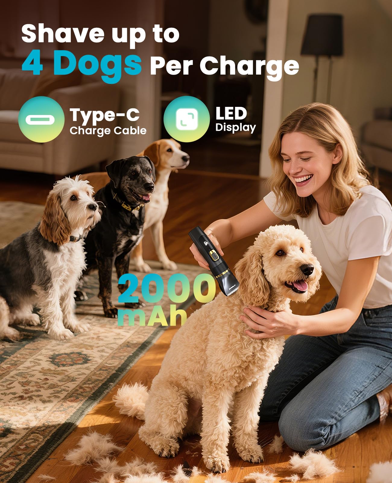 oneisall Silencioso Maquina cortar pelo Perros Mejorada Pro, Profesional Cortapelos Perros Gatos 2000mAh Recargable, IPX7 Impermeable Maquina de cortar pelo barboncini