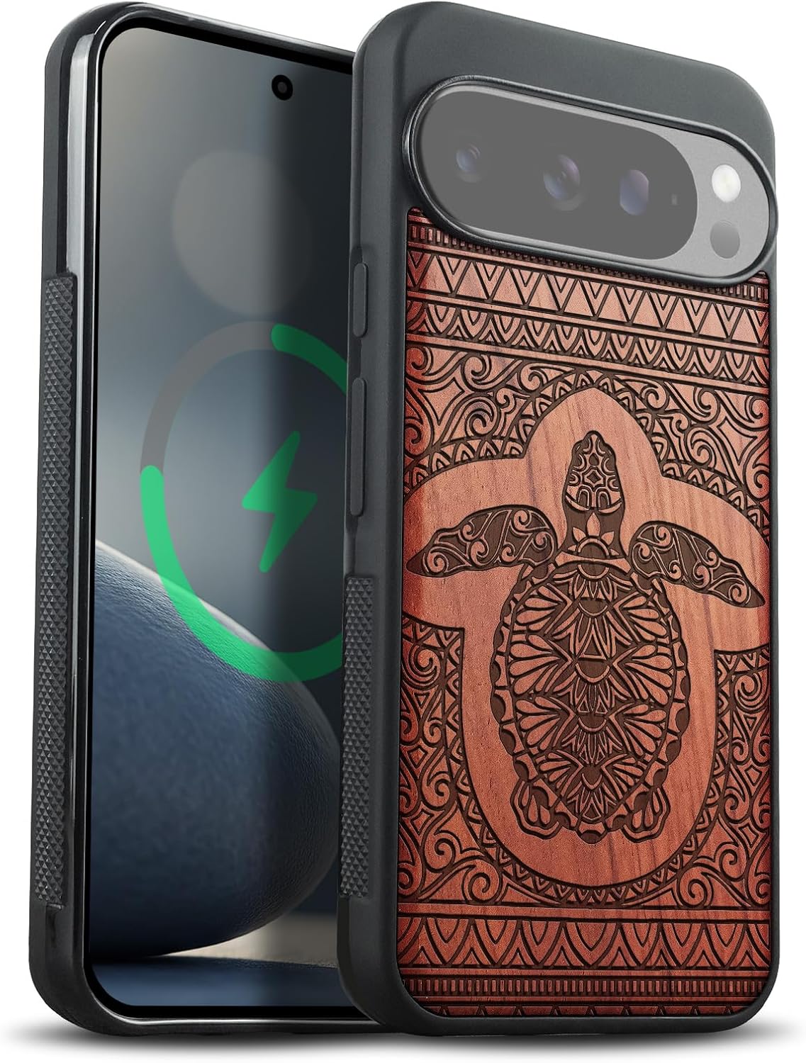 Carveit Magnetic Wooden Case for Google Pixel 10 Pro XL Case, Wood Artisan Engraved & Soft TPU Shockproof Cover, Compatible with MagSafe Wireless Chargers (The Turtle of Timeless) Rosy