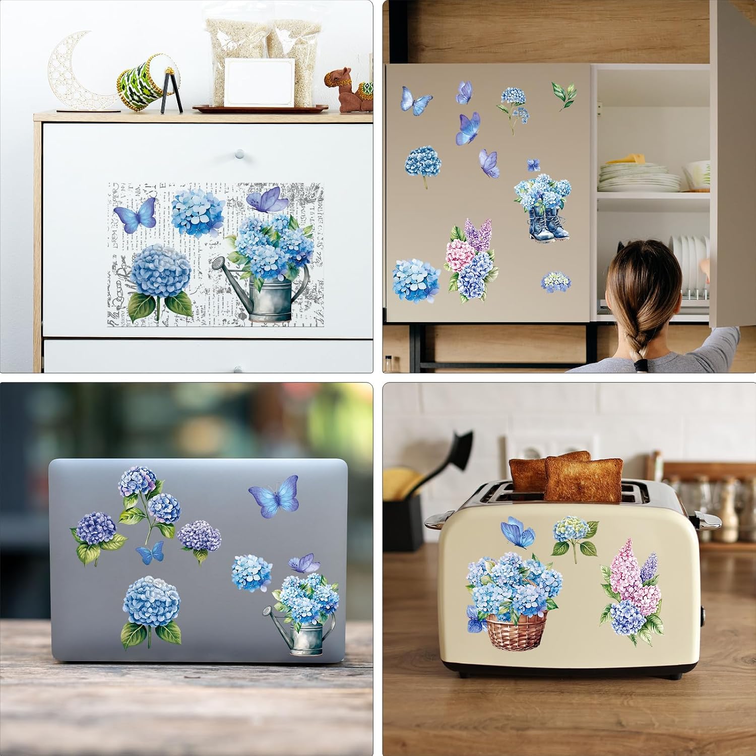 6 Sheets Vintage Floral Rub on Transfers, Blue Blooming Hydrangeas Rub on Transfer for Crafts and Furniture, Flowers Butterflies Stickers Decal for DIY Wood Furniture Wall Office Decor 11.8 x 7.9 Inch