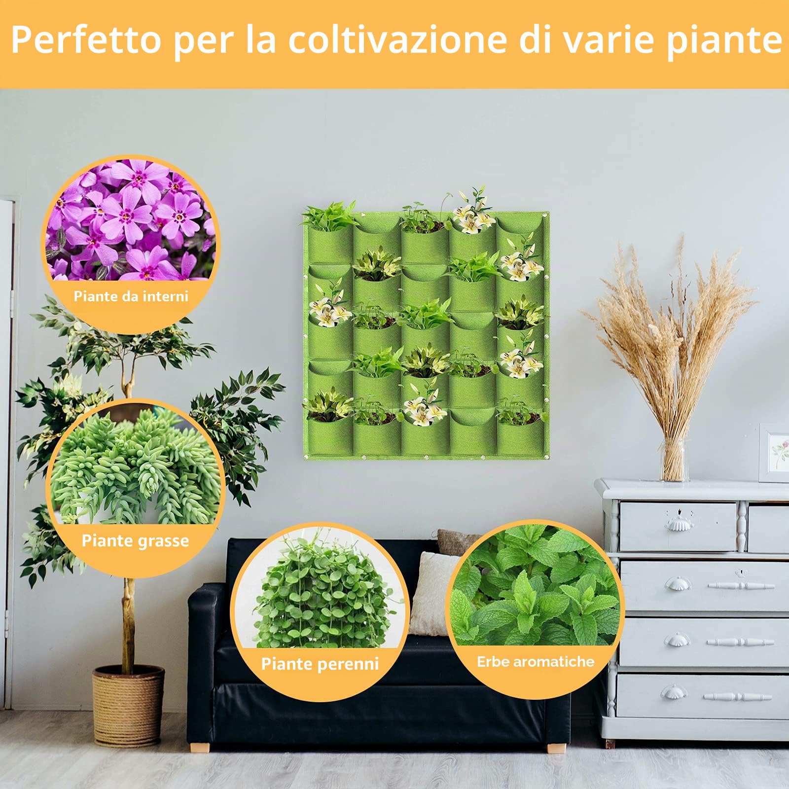 LITLANDSTAR Sacchetti per fioriere da appendere, 25 tasche, verticali da appendere alla parete, per coltivare piante e piante (1 m x 1 m, verde)