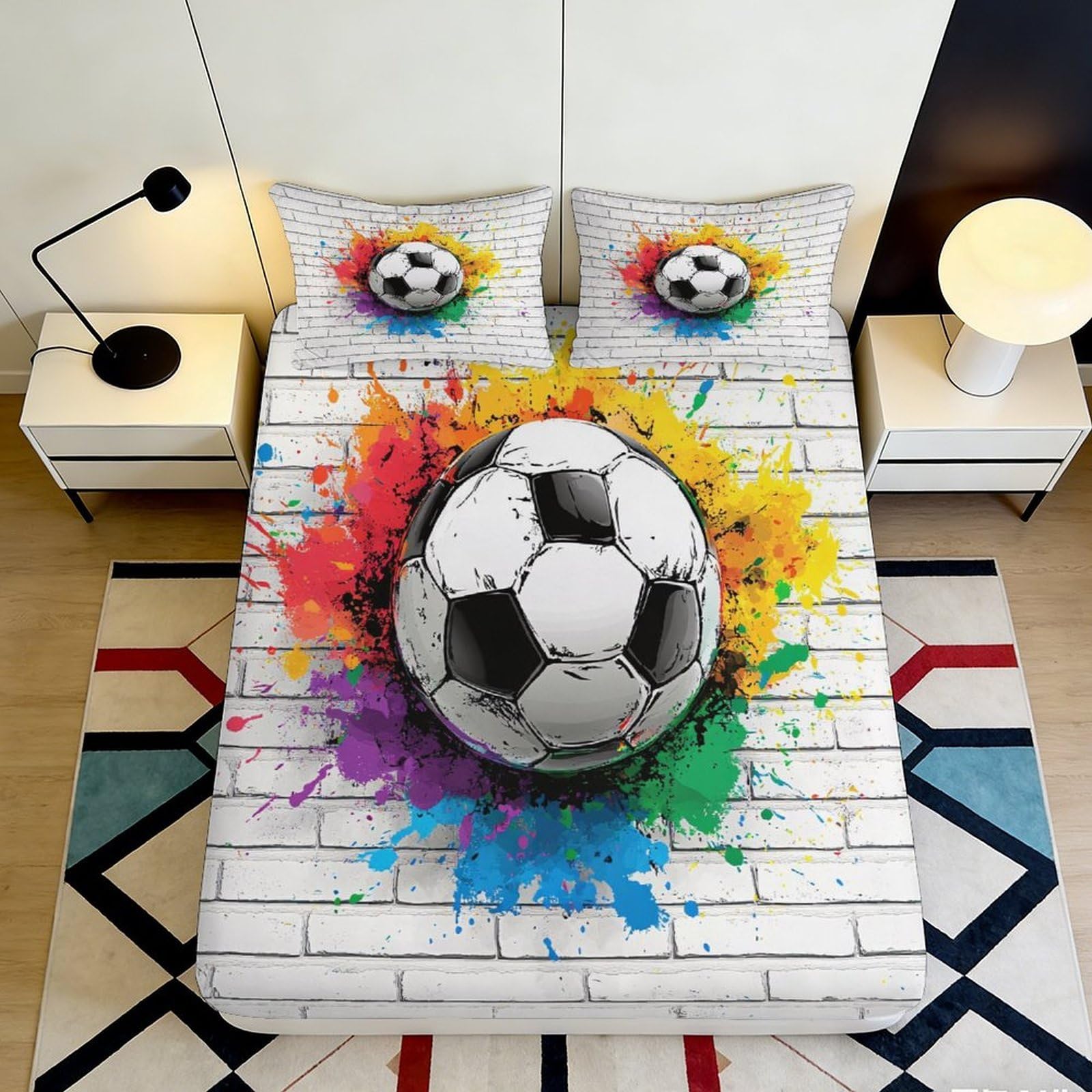 3D Printed Soccer Splash Fitted Sheet Microfiber Colorful Graffiti Bed Cover for Bedroom Guest Room Decor 90x200x25cm